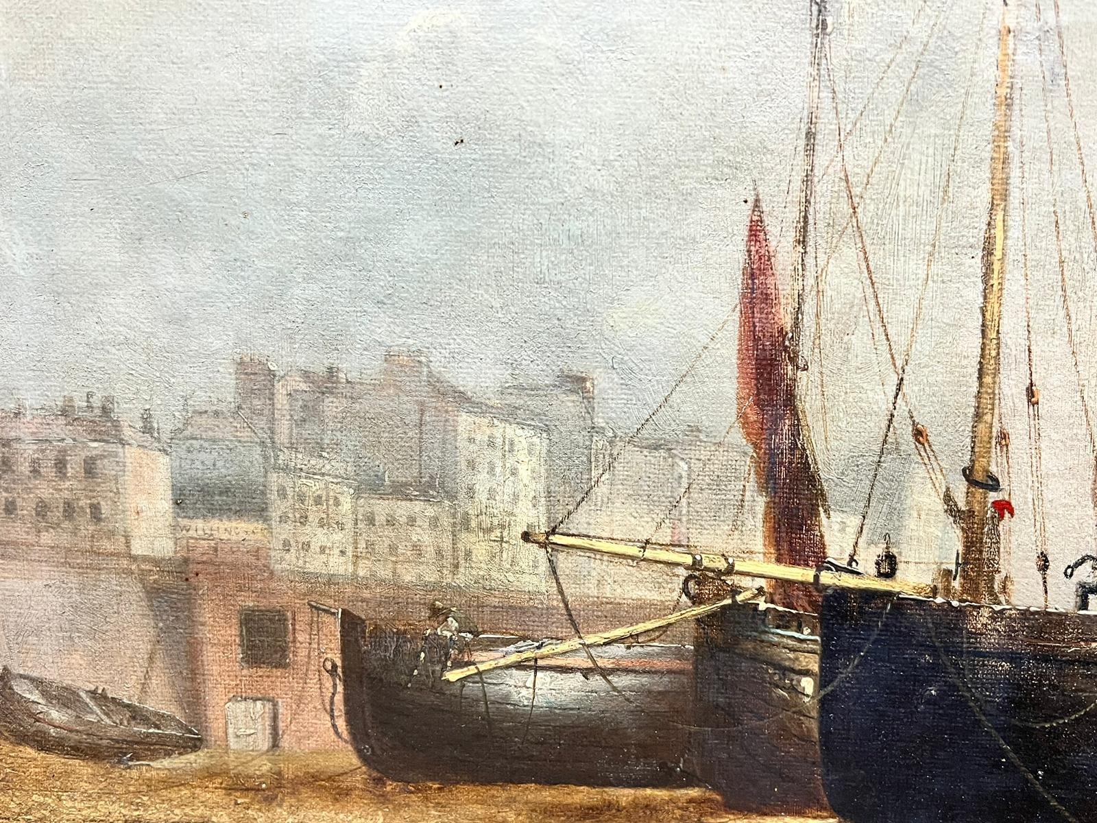 1870's Dutch School Low Tide Fishing Boats Harbour Wall Landscape Signed Oil 2