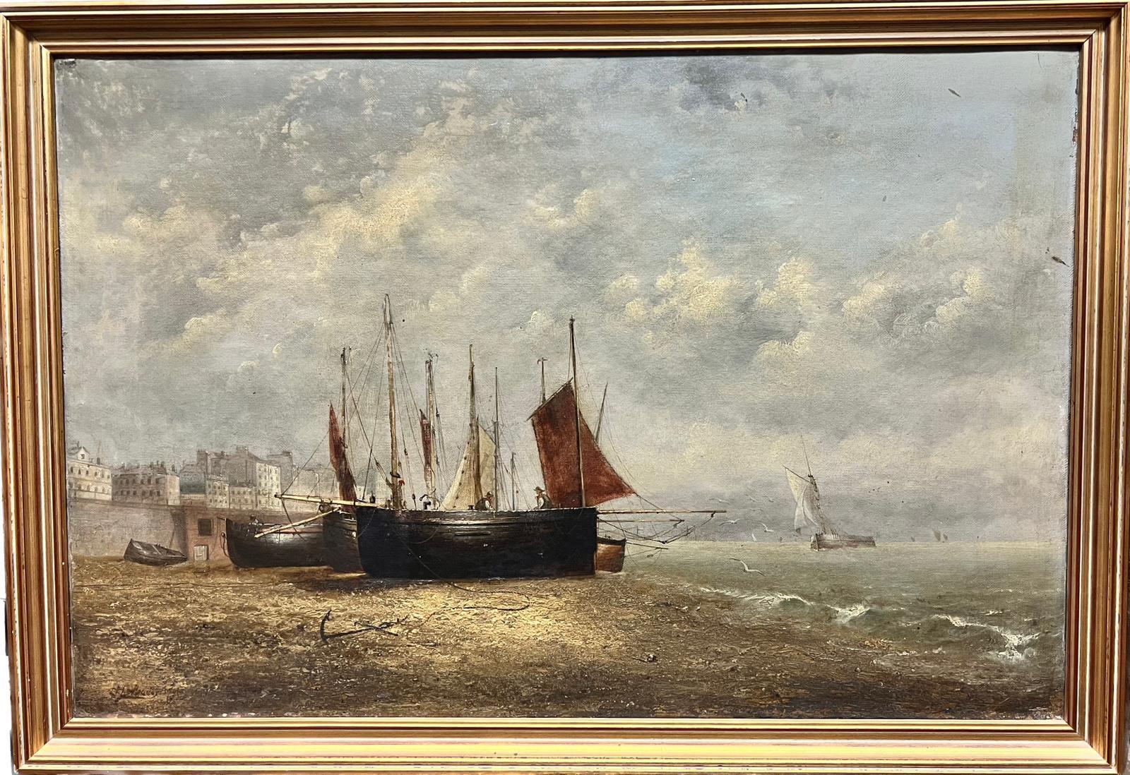 19th century Dutch School Landscape Painting - 1870's Dutch School Low Tide Fishing Boats Harbour Wall Landscape Signed Oil