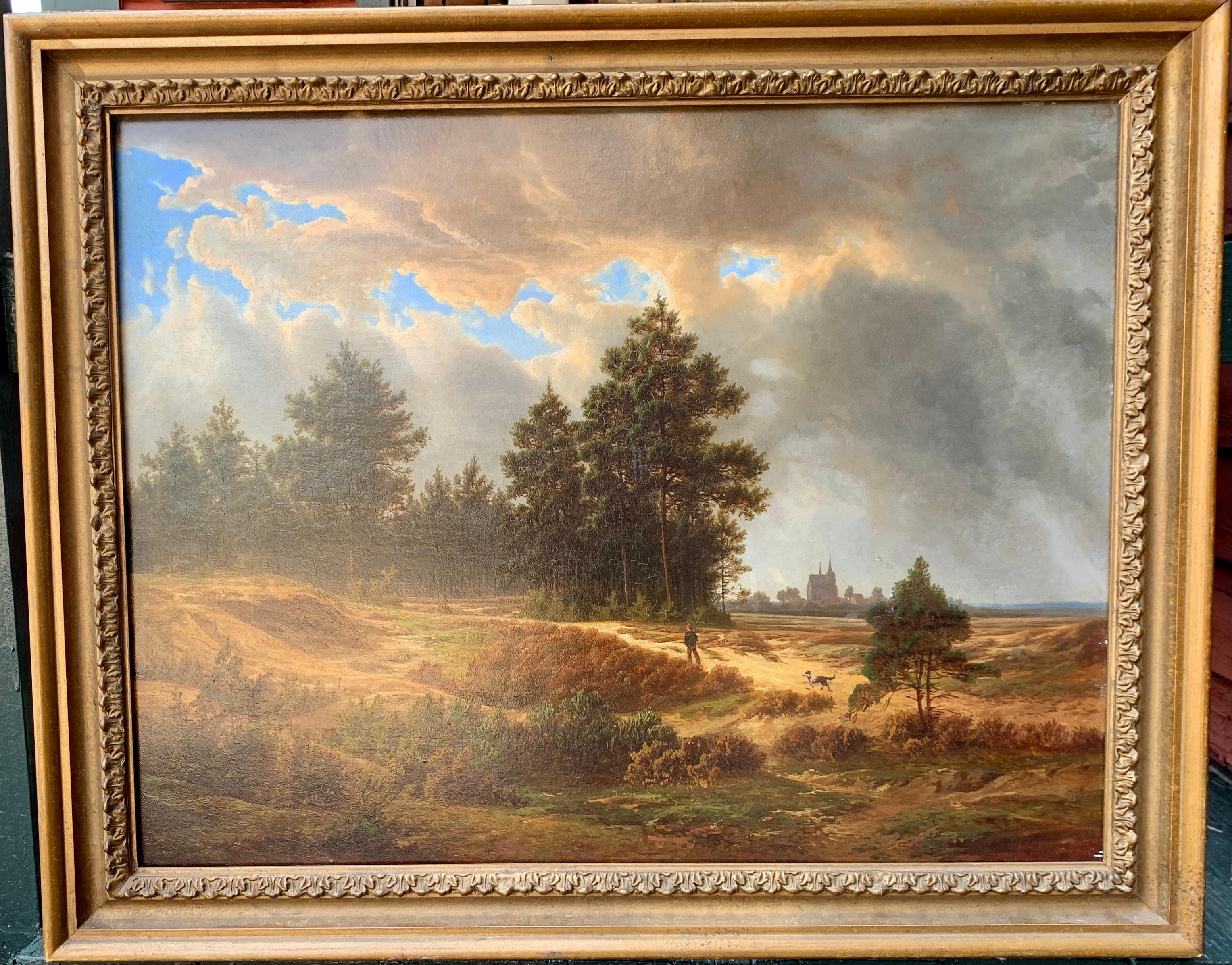 Landscape Painting 19th century Dutch School - École hollandaise / européenne du XIXe siècle, homme dans un paysage avec son chien