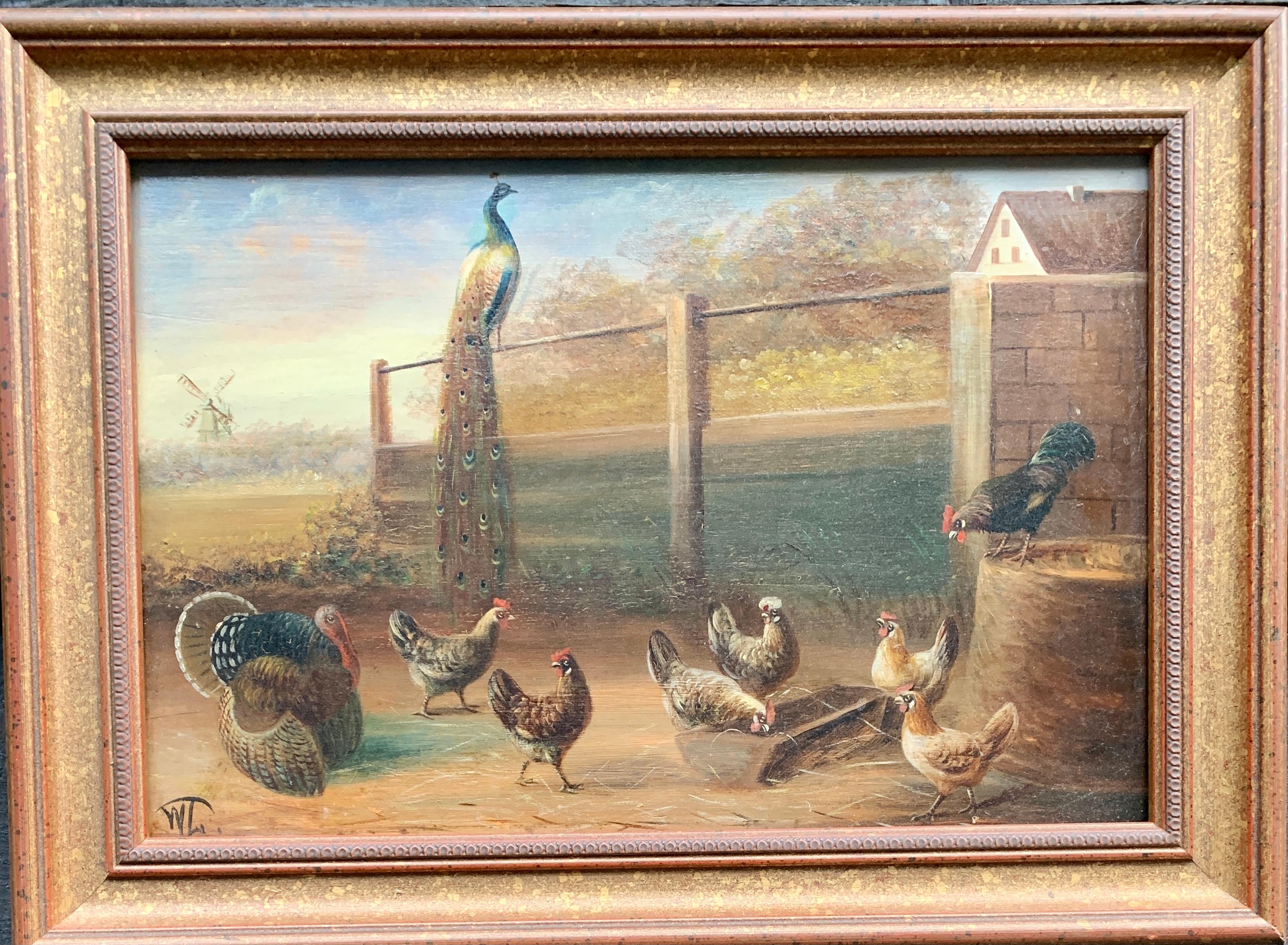 Unknown Animal Painting - 19th century Dutch or Flemish bird study in a landscape, with chickens, turkey 