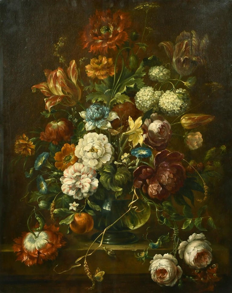 19th century Dutch School Interior Painting - 19TH CENTURY DUTCH SCHOOL, A STILL LIFE OF MIXED FLOWERS AND BUTTERFLIES, OIL
