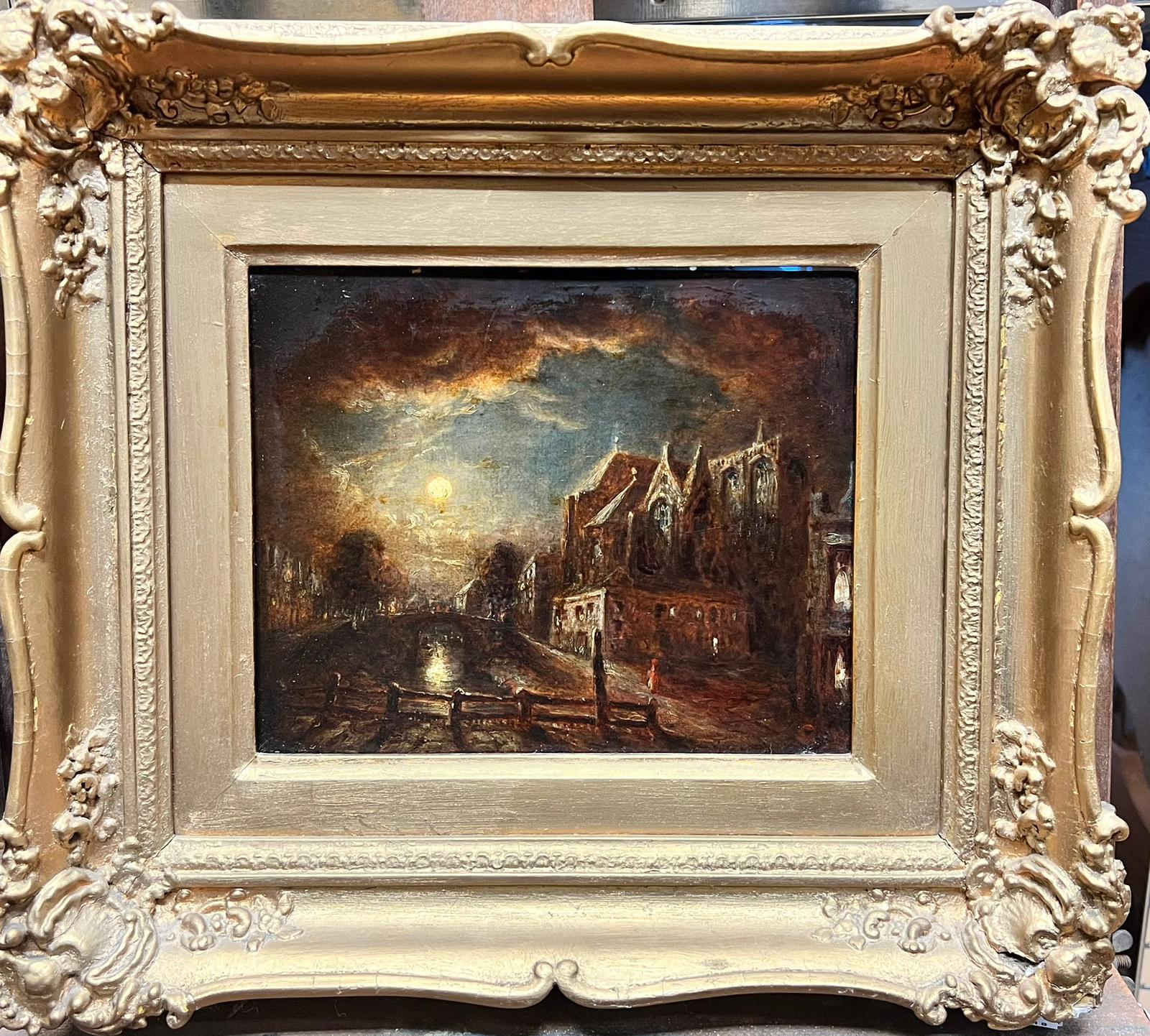 Antique Dutch School Moonlit Canal Scene With the Oute Kerk Amsterdram - Painting by 19th century Dutch School
