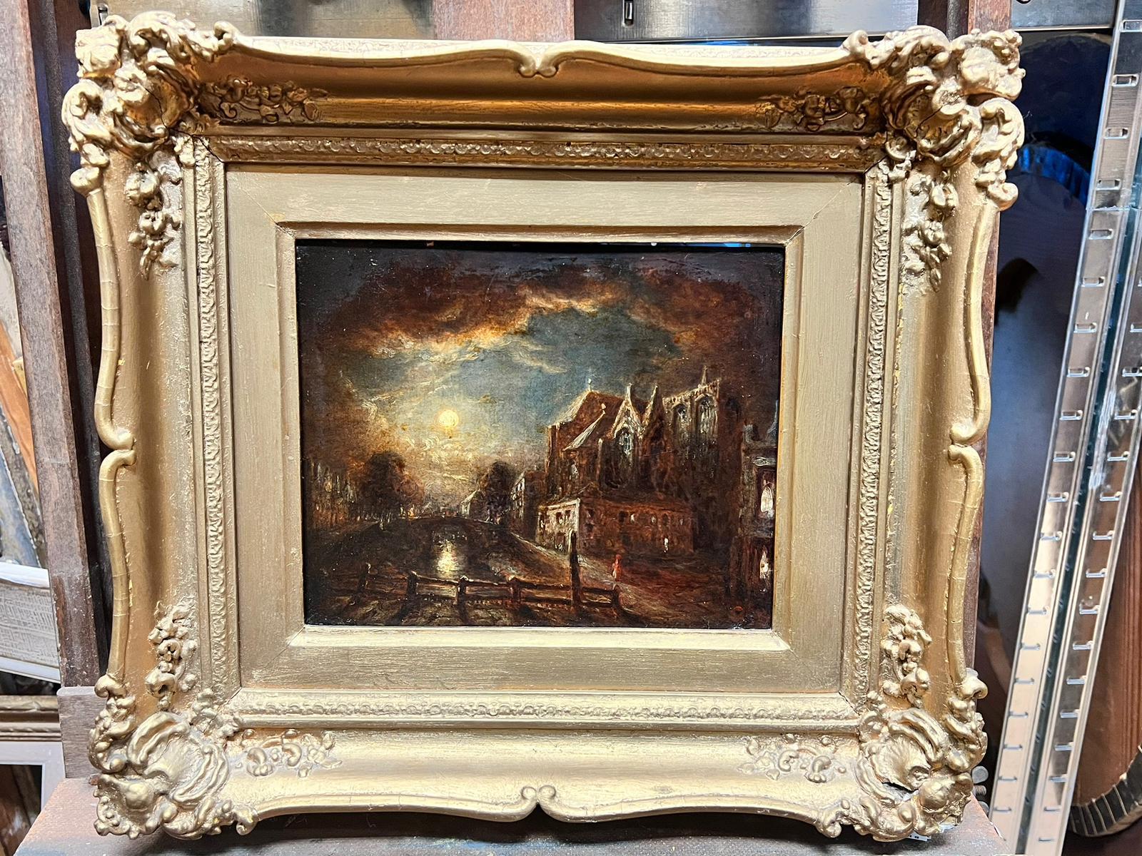 Antique Dutch School Moonlit Canal Scene With the Oute Kerk Amsterdram - Victorian Painting by 19th century Dutch School