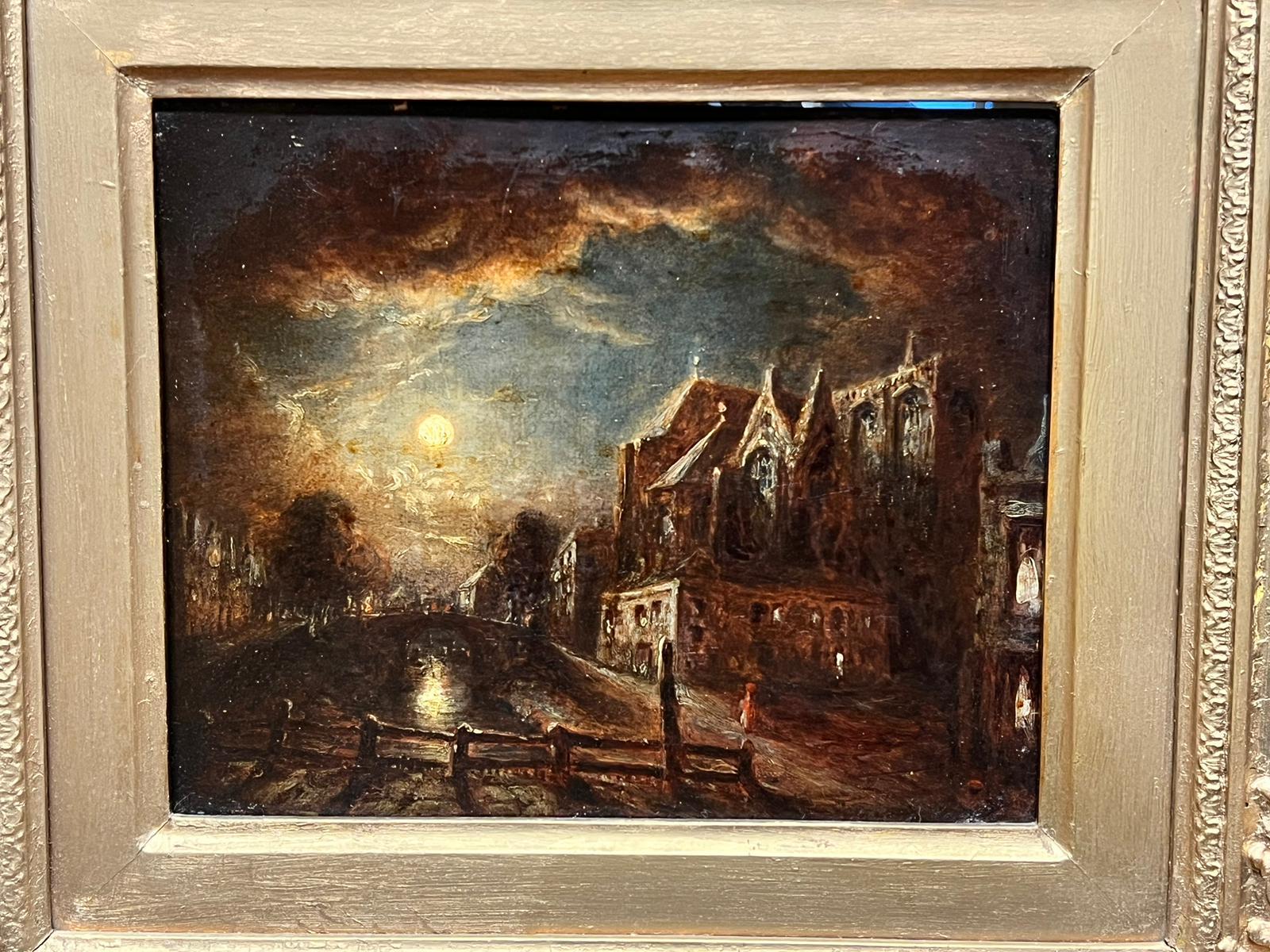 Moonlit Canal
Dutch School (late 19th century)
oil on board, framed
framed: 15 x 16 inches
painting: 8 x 10 inches
provenance: private collection UK
The painting is in good and presentable condition. Please note, we do not warranty the condition of