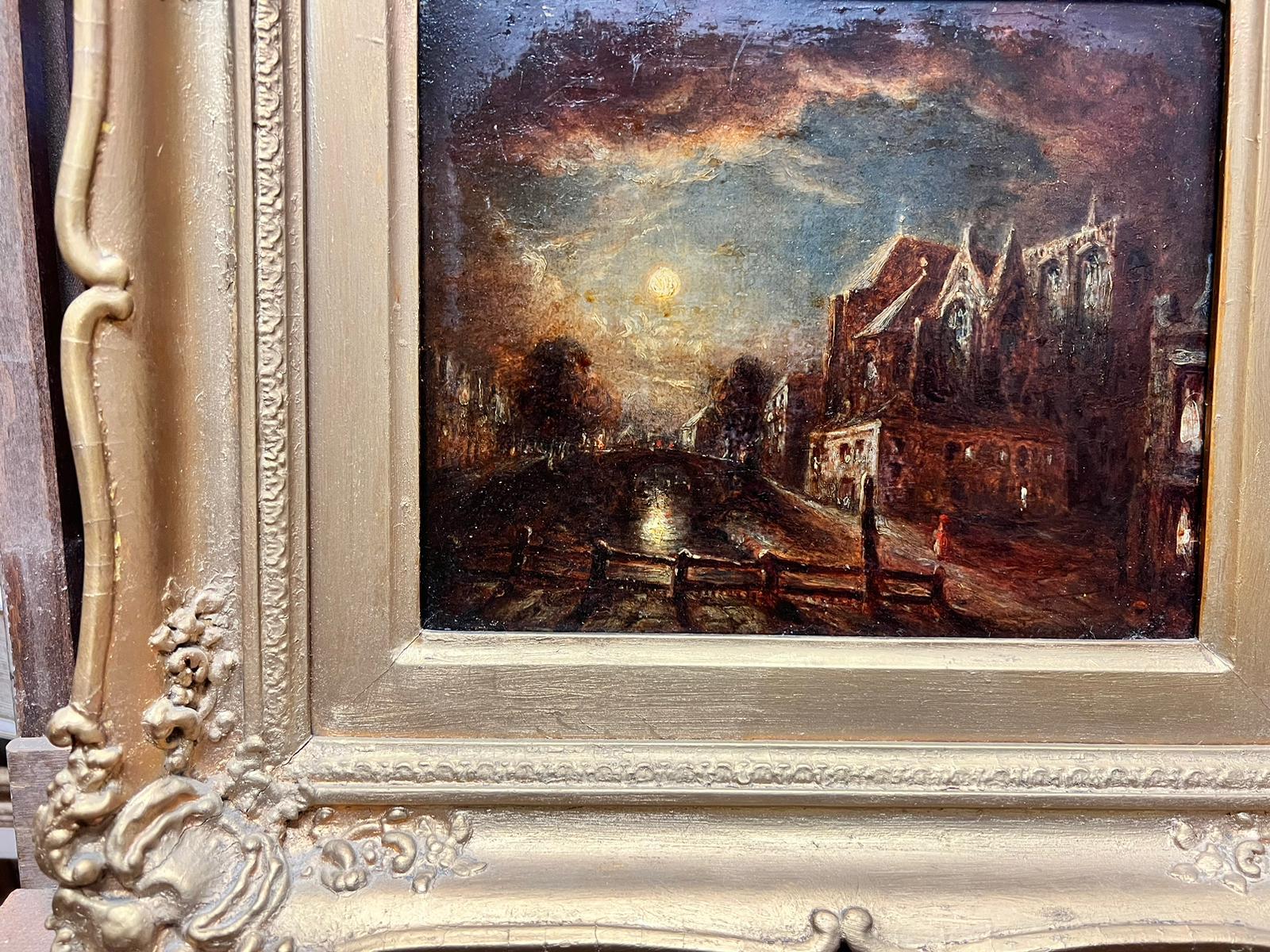Antique Dutch School Moonlit Canal Scene With the Oute Kerk Amsterdram For Sale 1