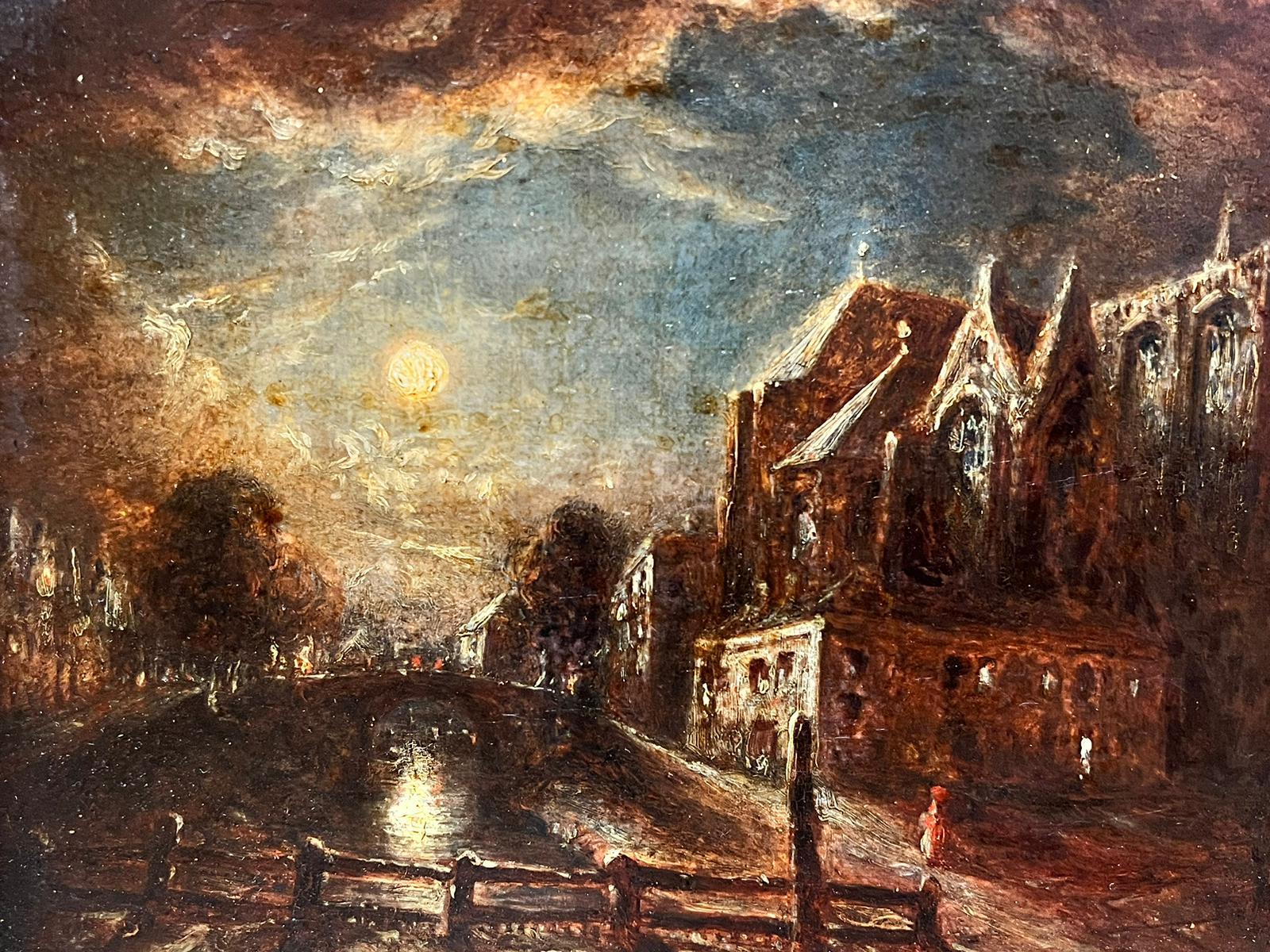 19th century Dutch School Landscape Painting - Antique Dutch School Moonlit Canal Scene With the Oute Kerk Amsterdram