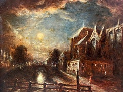 Antique Dutch School Moonlit Canal Scene With the Oute Kerk Amsterdram