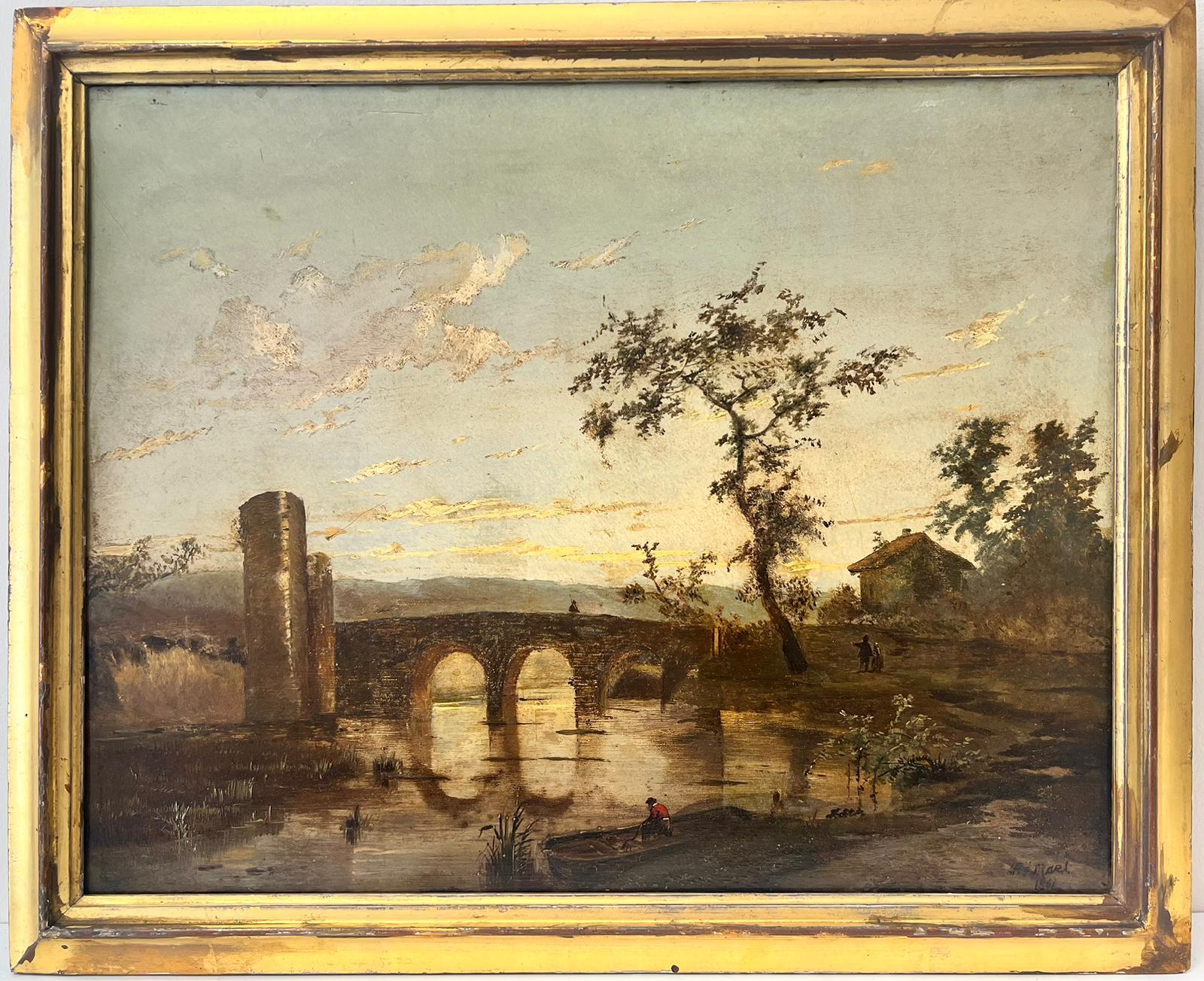 Romantische Landschaft, Sonnenuntergang, Figuren, Fluss- und Bogenbogen, Öl  – Painting von 19th century Dutch School