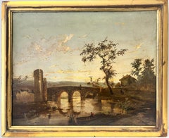 Dutch Golden Age Romantic Landscape Sunset Figures by River & Arch Bridge Oil