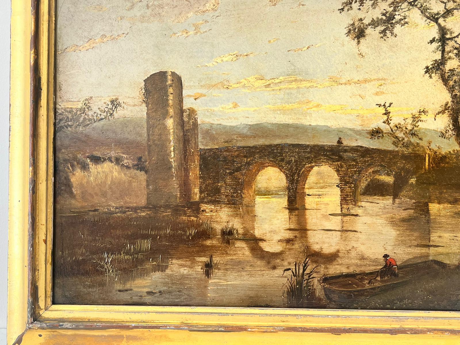 Romantische Landschaft, Sonnenuntergang, Figuren, Fluss- und Bogenbogen, Öl  (Romantik), Painting, von 19th century Dutch School