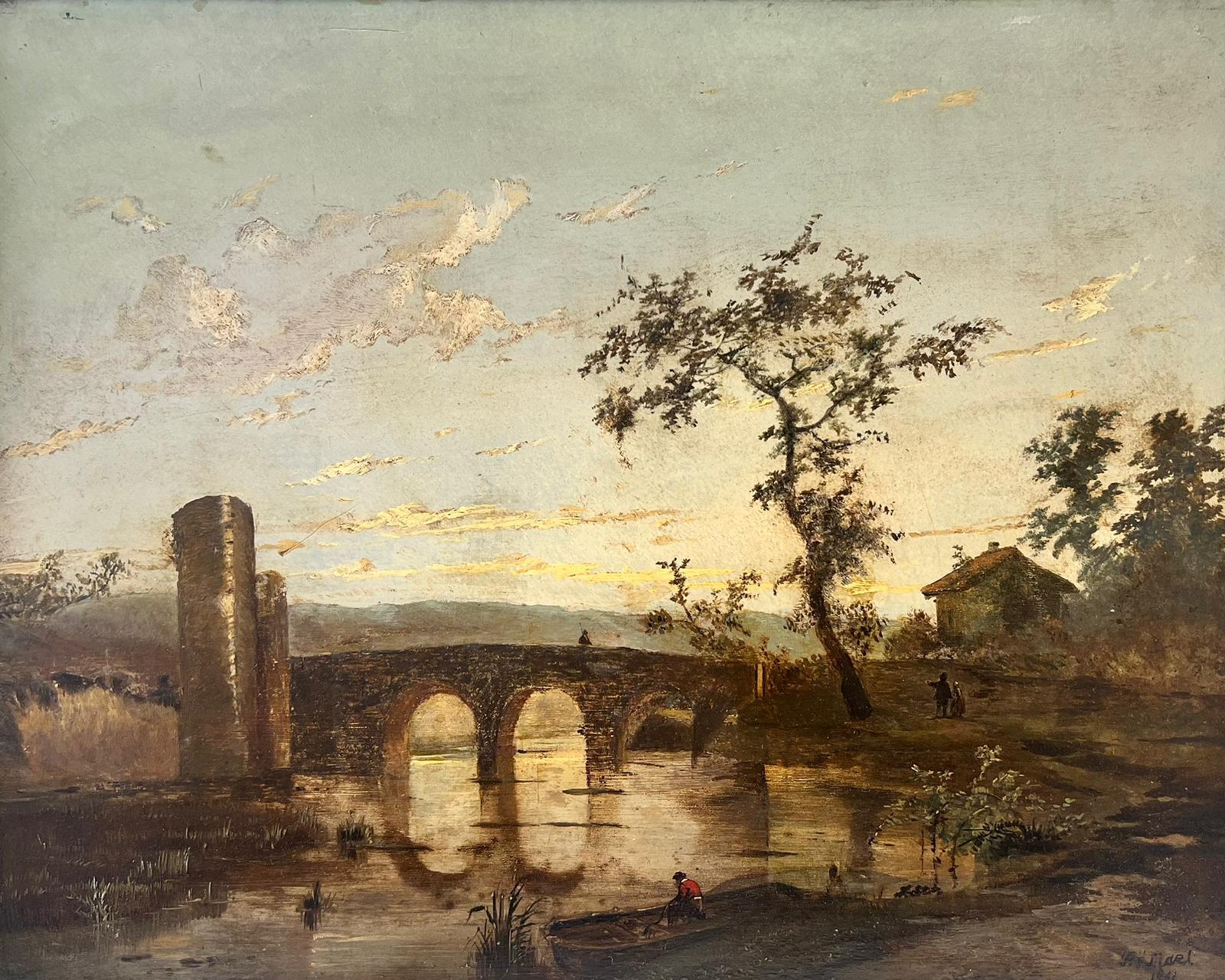 Paysage romantique hollandais de l'âge d'or Coucher de soleil Figures au bord d'une rivière et d'un pont en arc Huile 