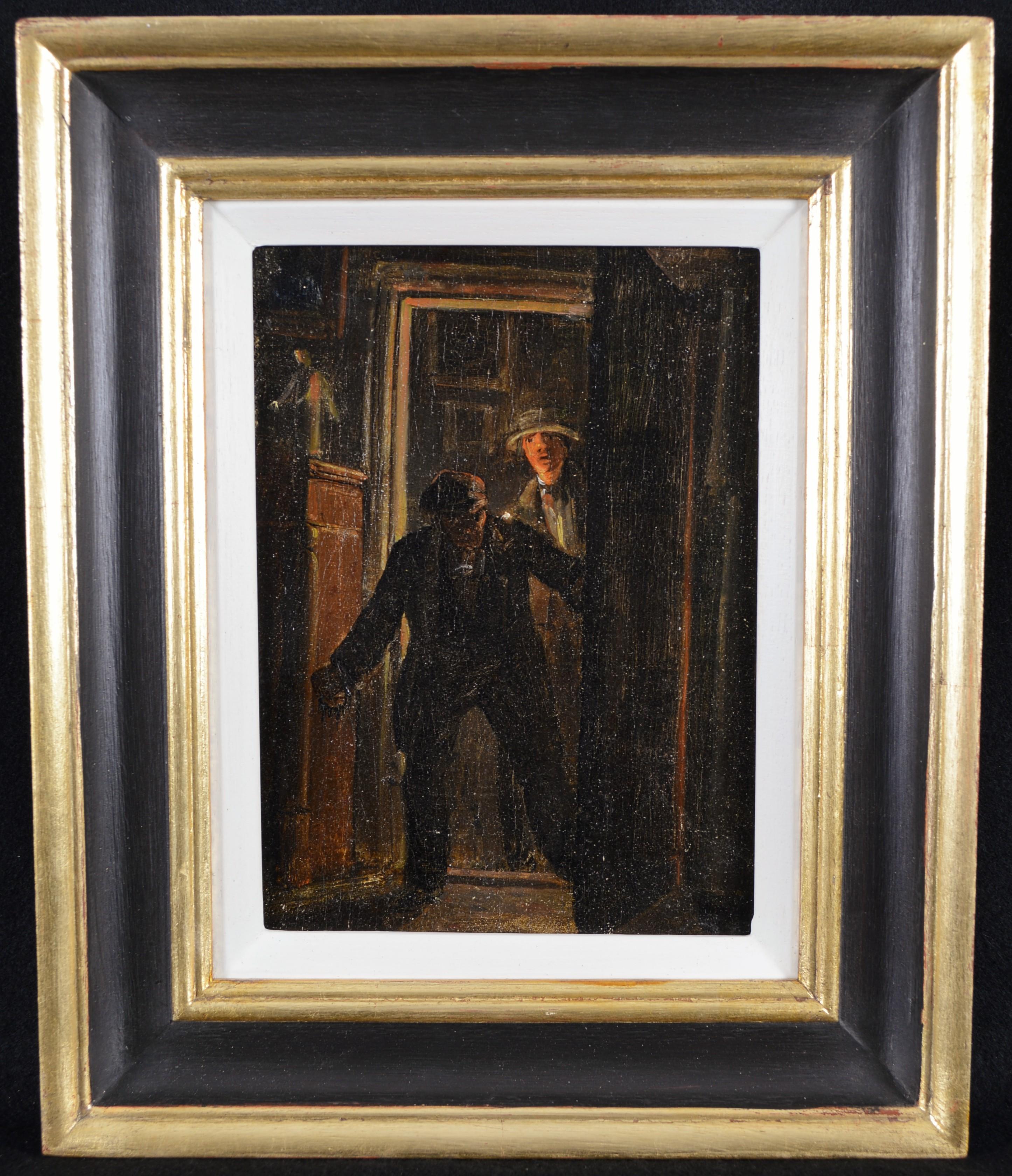 Figuras en una puerta - Pintura al óleo figurativa holandesa antigua del siglo XIX - Painting de 19th century Dutch School
