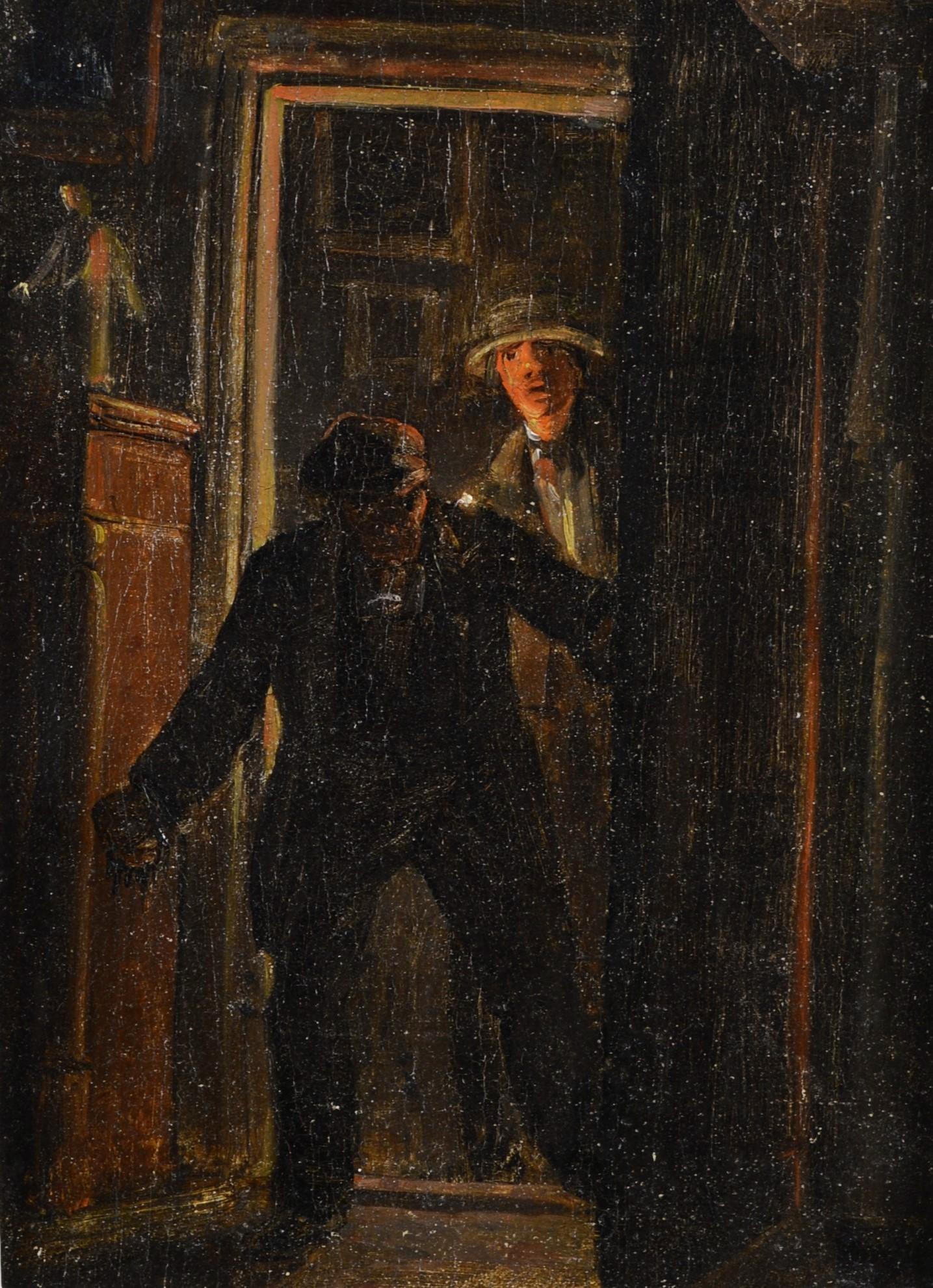 Figuras en una puerta - Pintura al óleo figurativa holandesa antigua del siglo XIX - Figurative Painting Negro de 19th century Dutch School