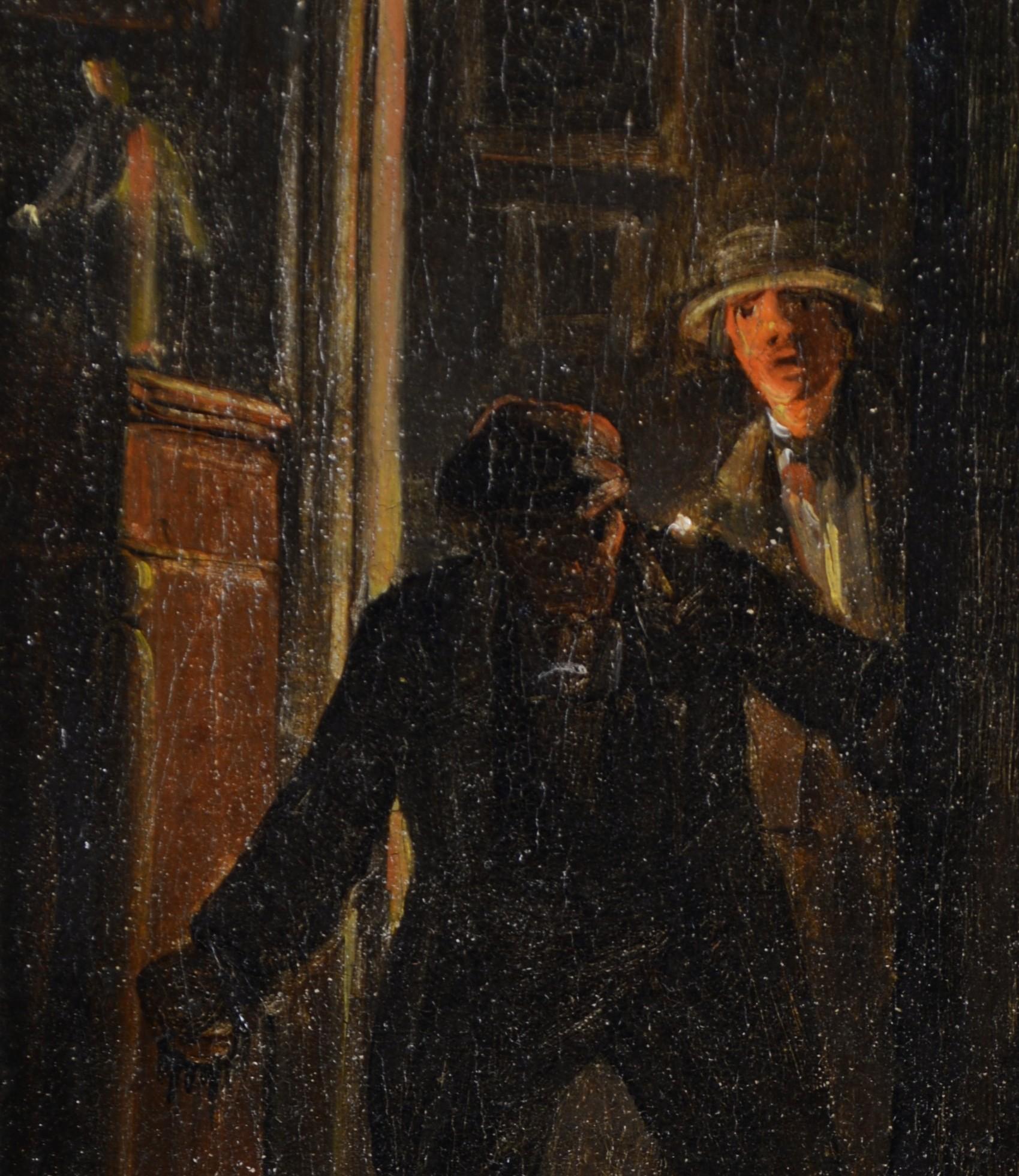 Interesantísimo óleo sobre lienzo holandés del siglo XIX que representa a dos figuras en un dooorway. Un trabajo de excelente calidad con un maravilloso uso de las luces y las sombras. Presentado en un marco de madera pintado