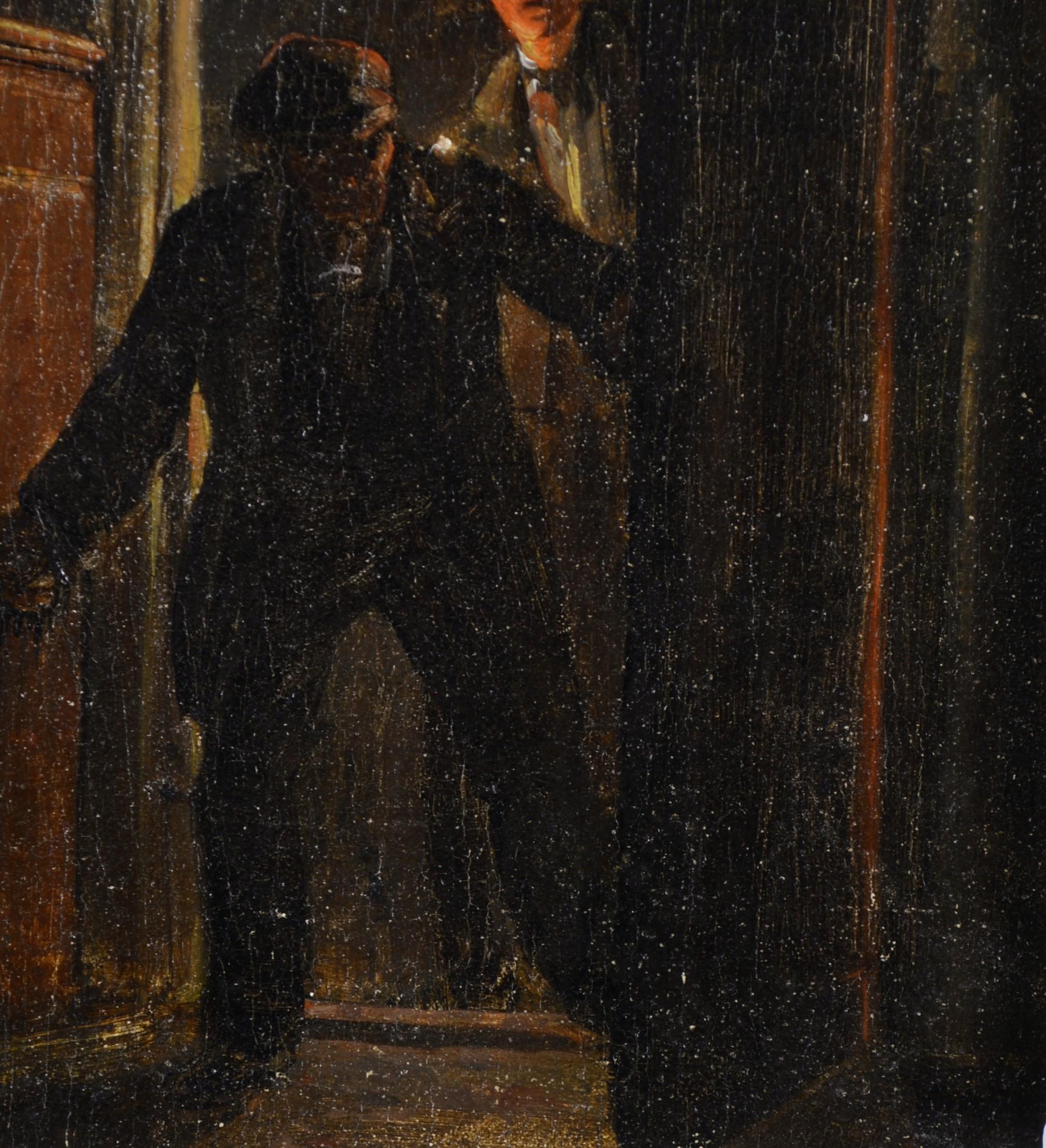Figuras en una puerta - Pintura al óleo figurativa holandesa antigua del siglo XIX en venta 1