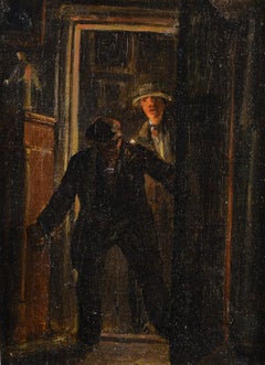 Figuras en una puerta - Pintura al óleo figurativa holandesa antigua del siglo XIX