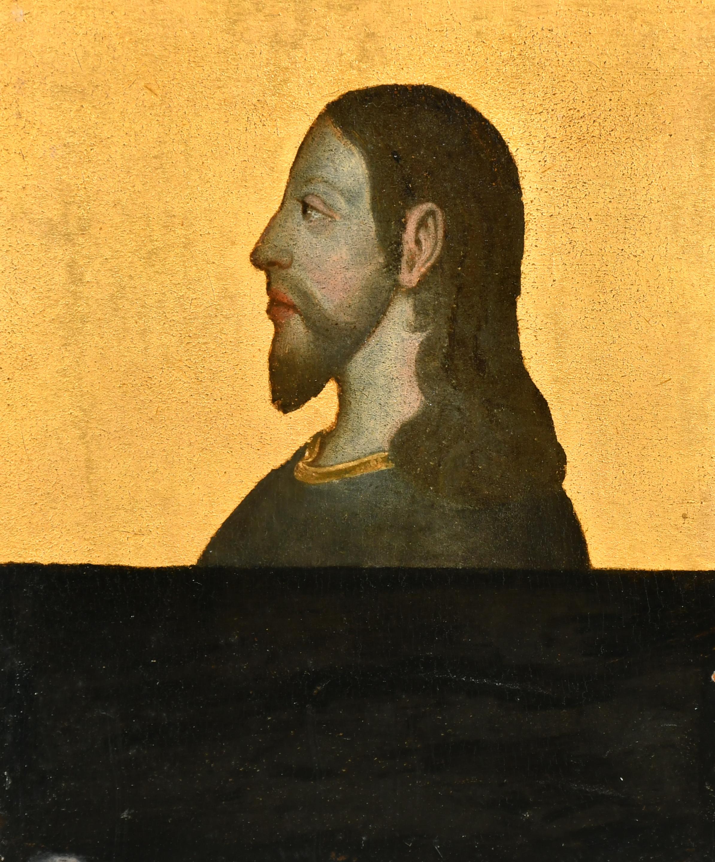Magnifique peinture à l'huile ancienne représentant un portrait du Christ, profil de tête, style Renaissance