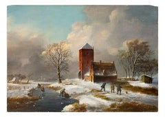 Winter Dutch landscape with skaters, tower and cottage