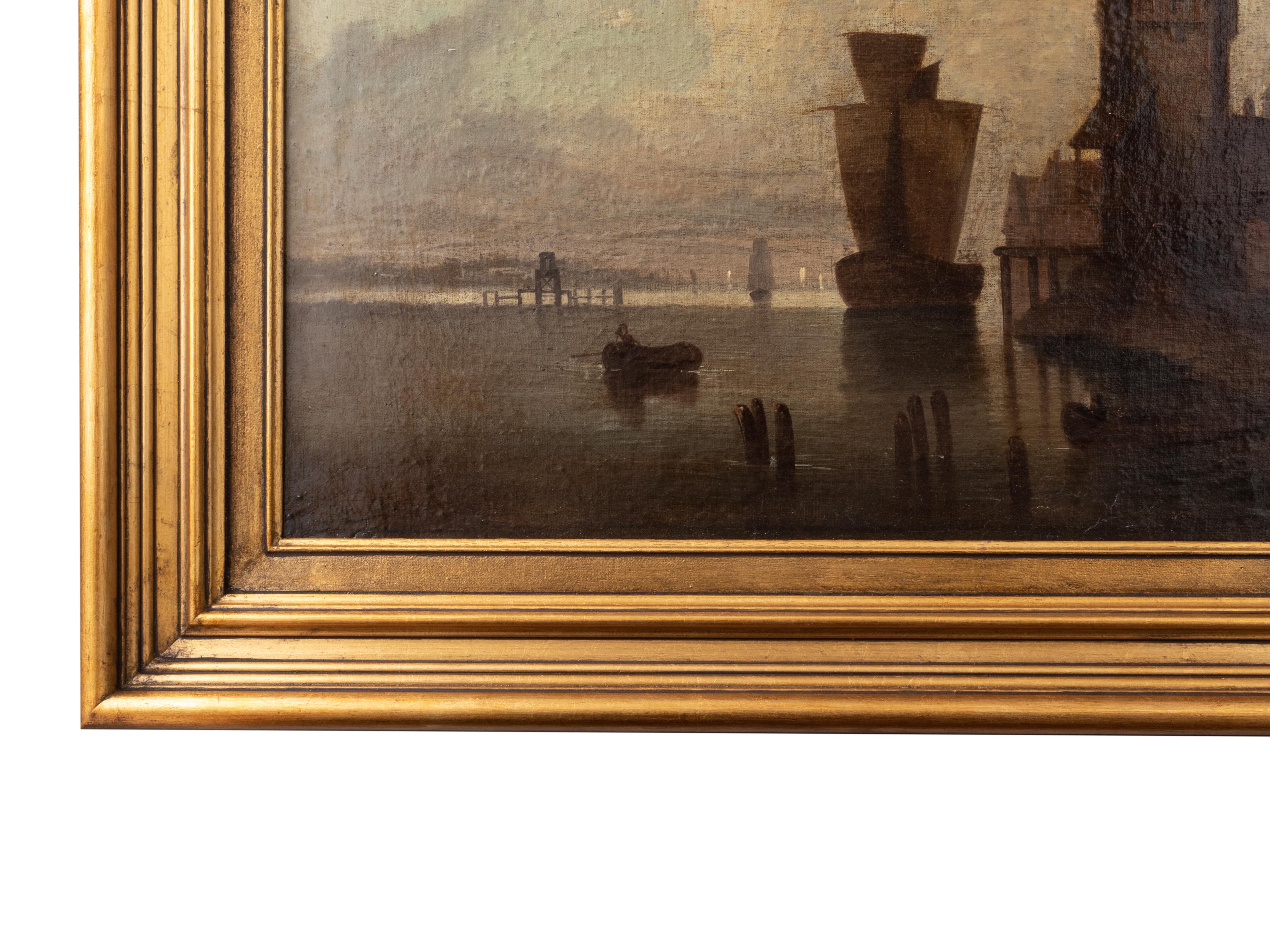 Landschaftsgemälde eines holländischen Hafens in der Morgendämmerung mit einem Karavellensegel und einem Boot im Hintergrund mit flämischen Gebäuden, in Sfumato-Technik, datiert '1879' und signiert 'Roudil'.
Rahmen 86,5 x 60 cm 
Leinwand 68 x 42,5