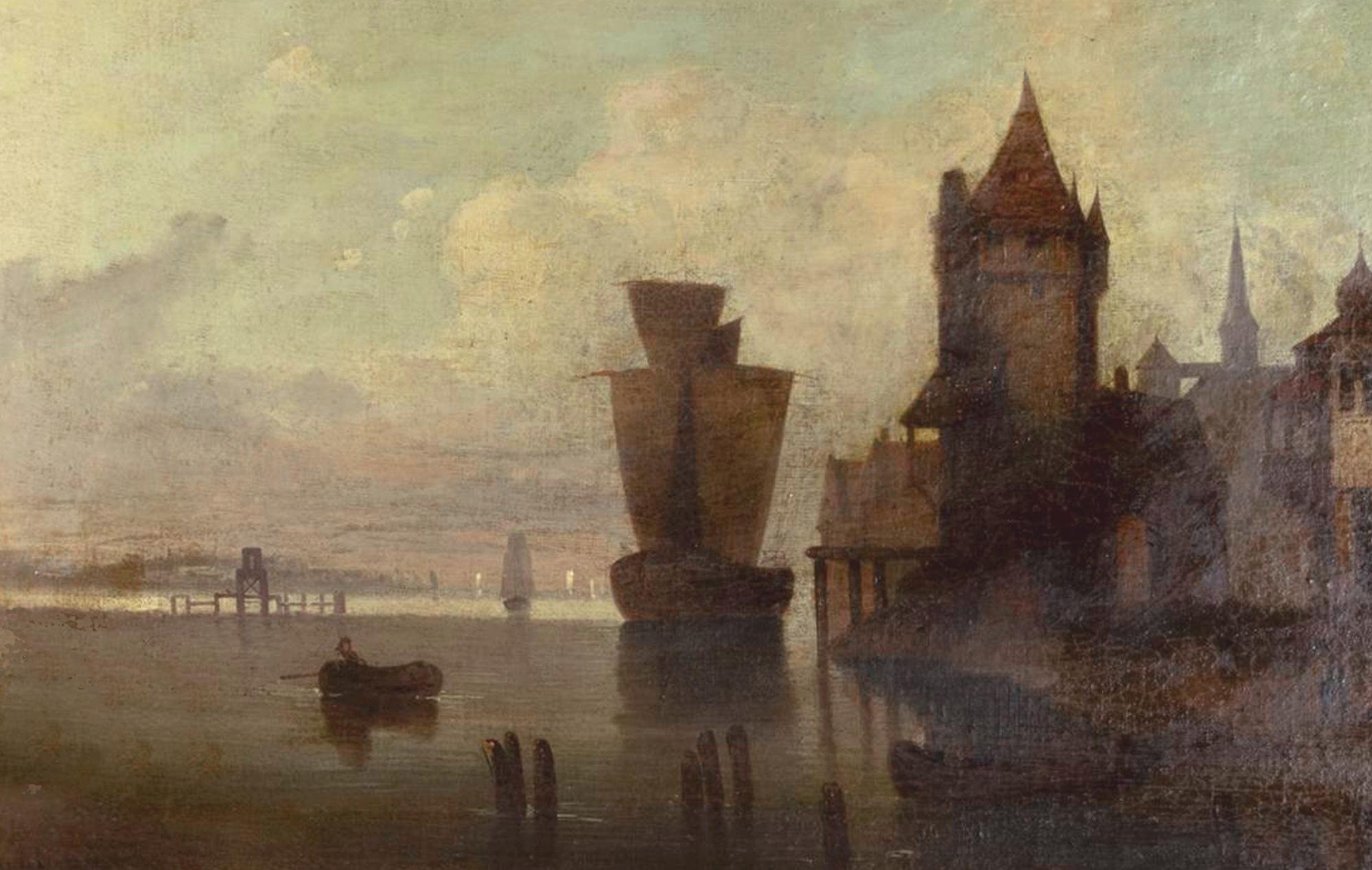 Niederländischer Seehafen des 19. Jahrhunderts, signiert Roudil  (Leinwand) im Angebot