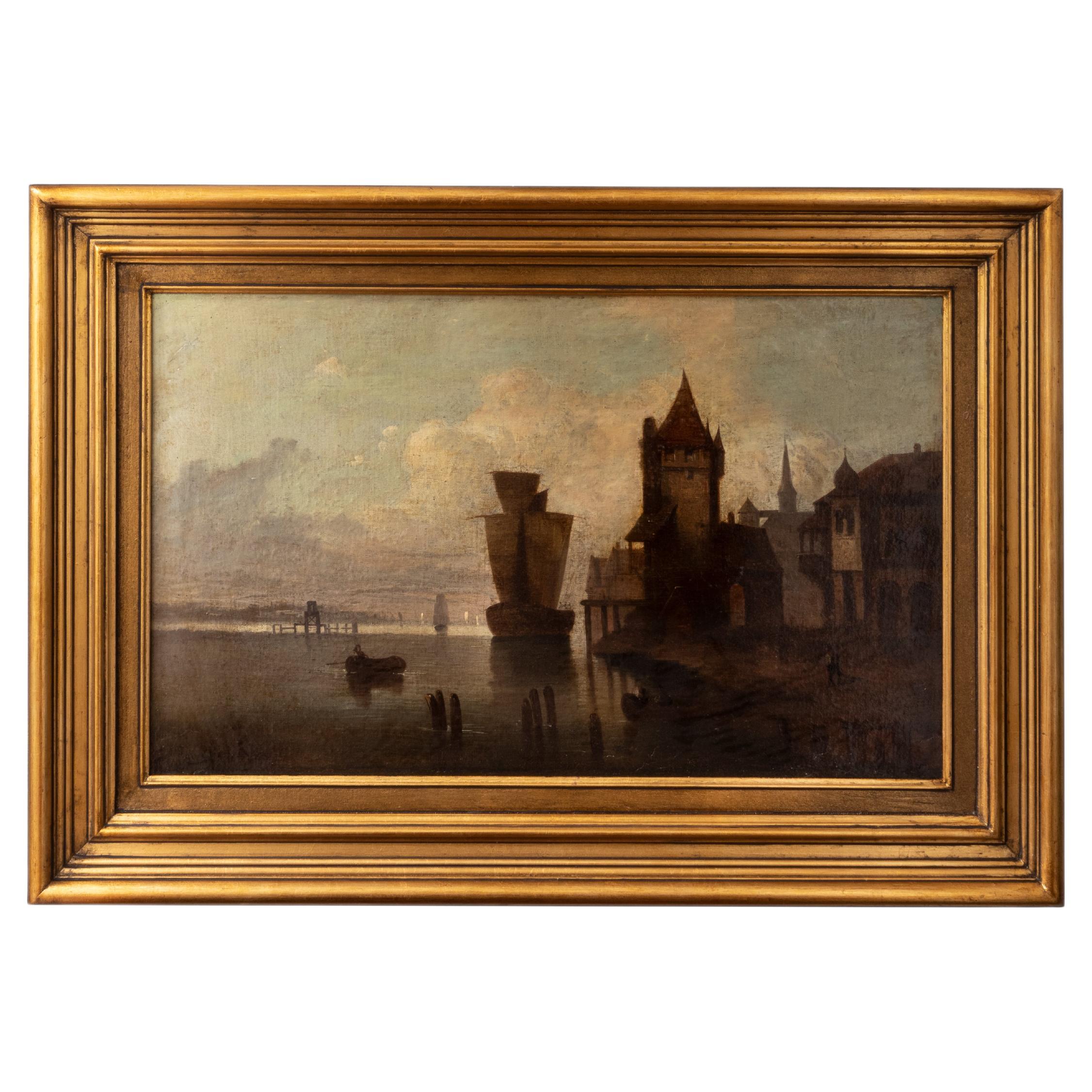 Niederländischer Seehafen des 19. Jahrhunderts, signiert Roudil  im Angebot