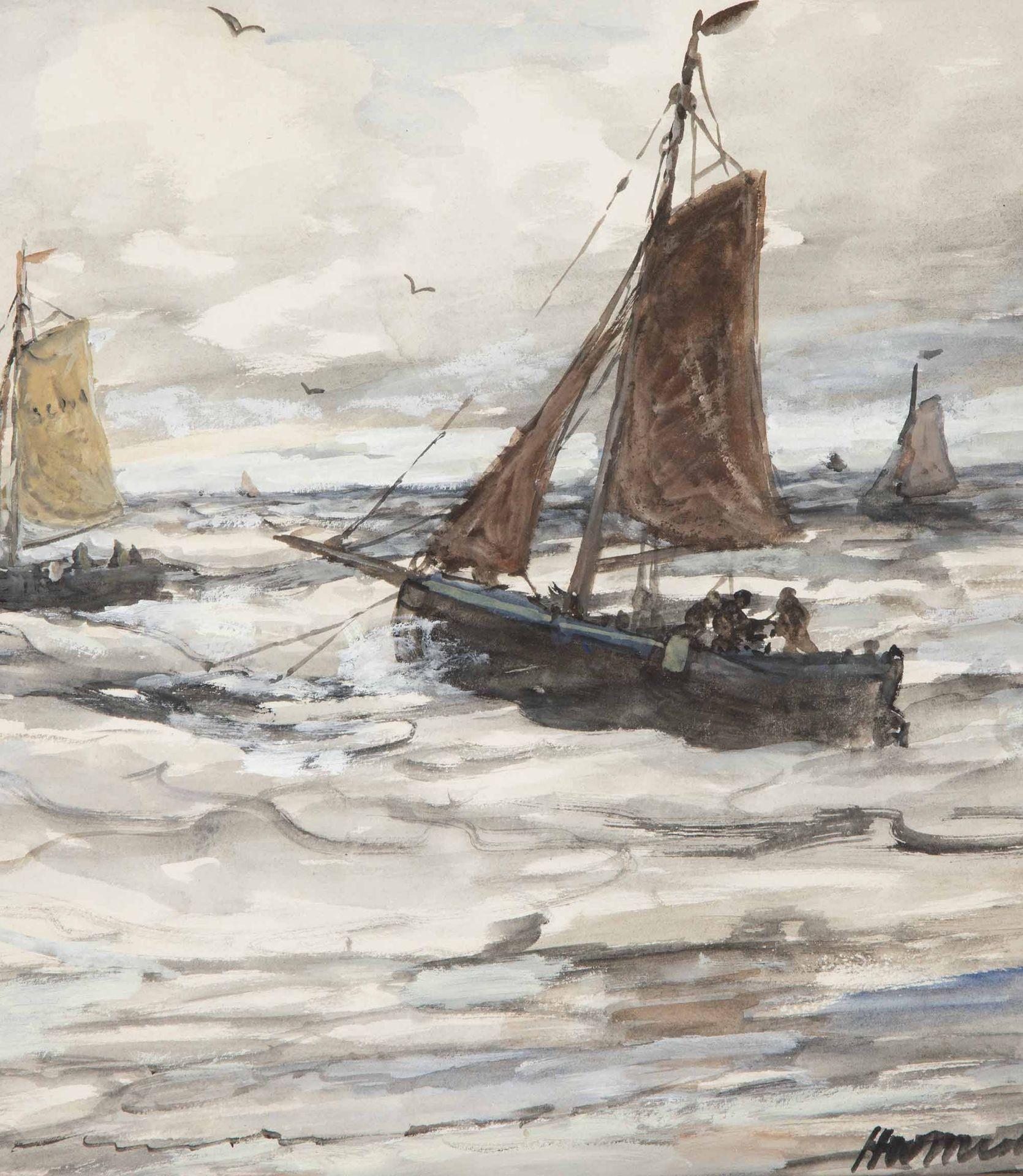 Niederländisches Original-Aquarell oder Gouache aus dem 19. Jahrhundert mit Fischerbooten auf stürmischer See.
Von Hendrik Willem Mesdag (1831-1915). Ex-Privatsammlung in den Niederlanden.
Um 1890.