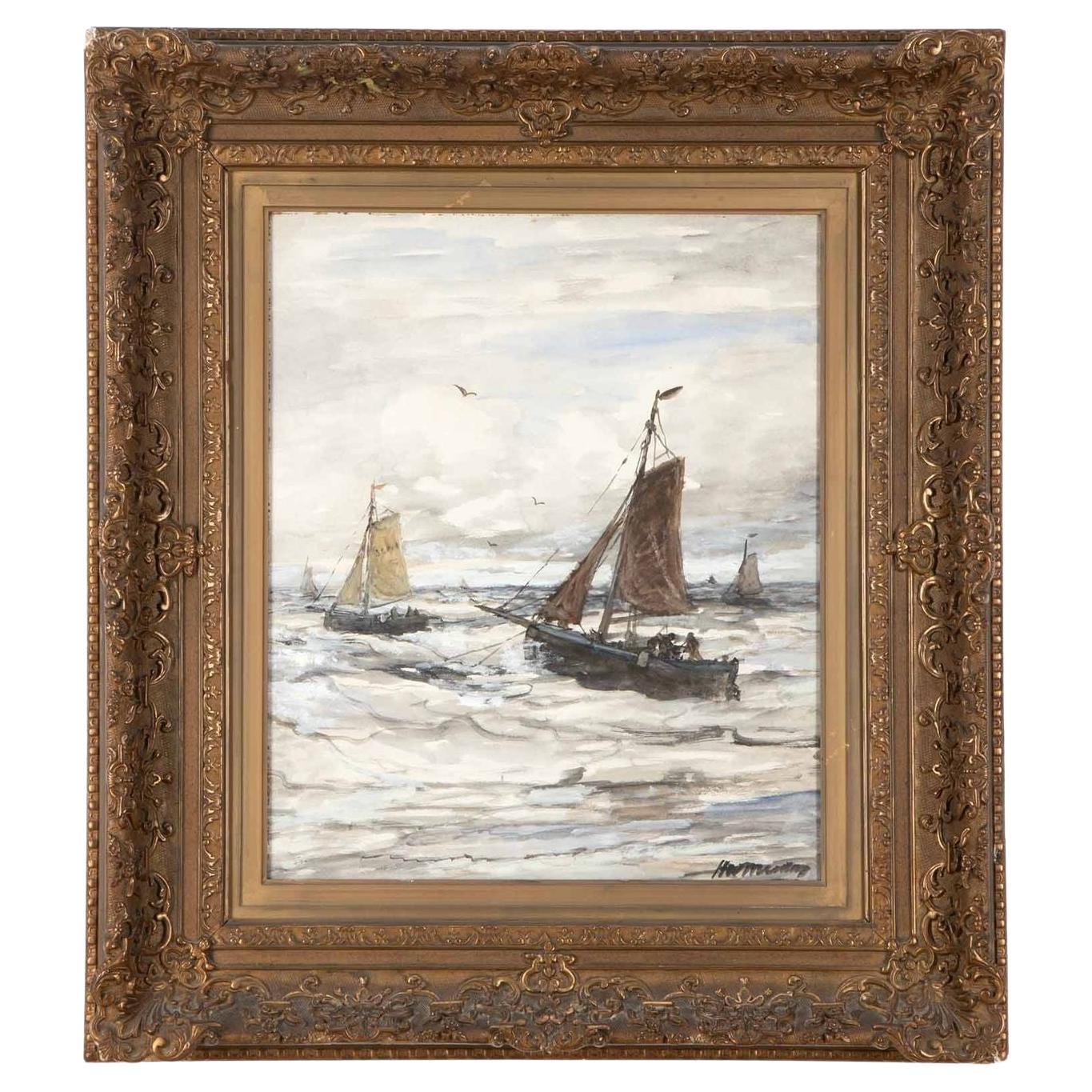 Aquarelle de paysage marin hollandais du 19e siècle par Hendrik Willem Mesdag