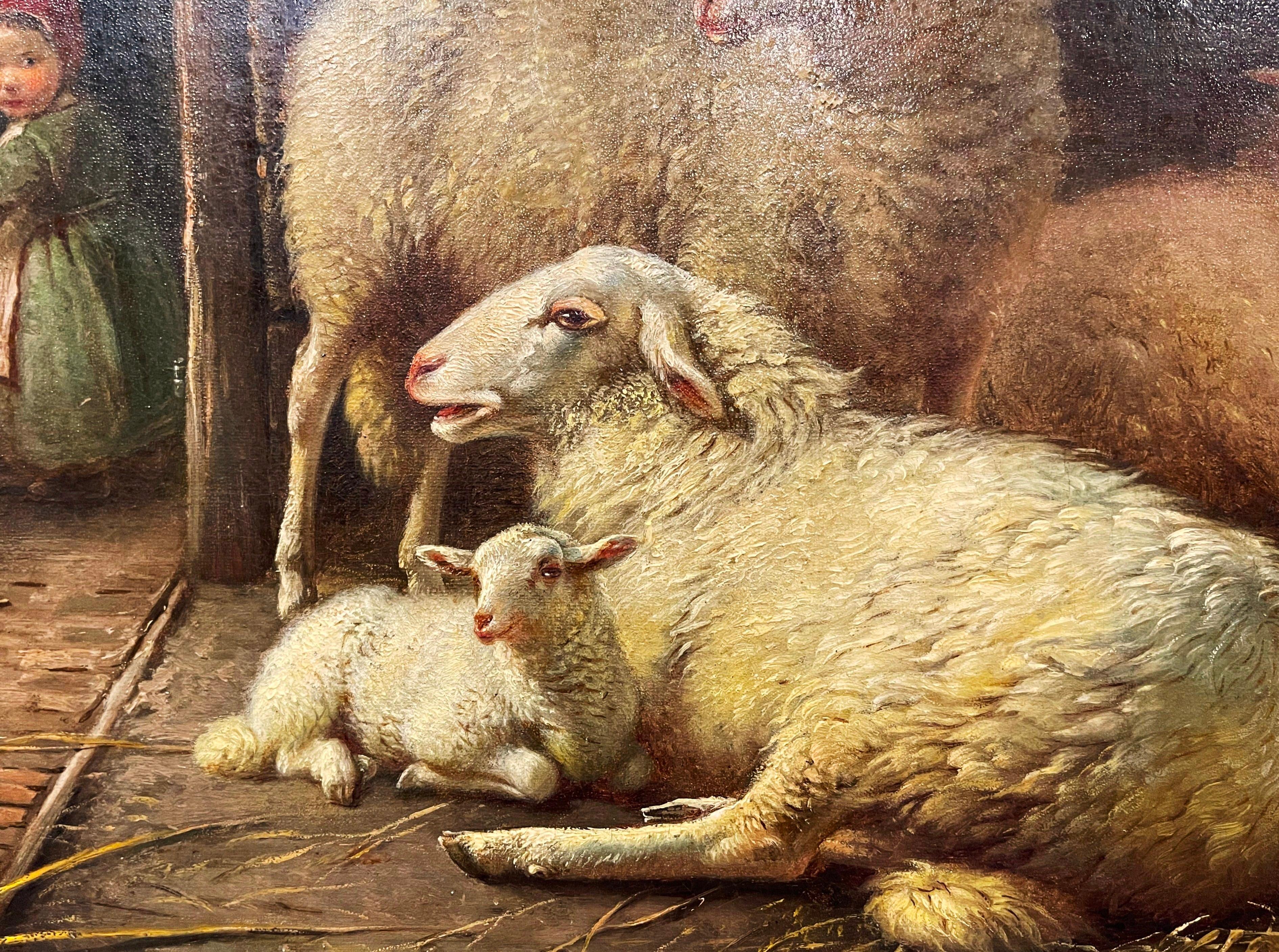 Peinture de moutons hollandaise du 19ème siècle dans un cadre sculpté et doré signé Frans Lebret en vente 2