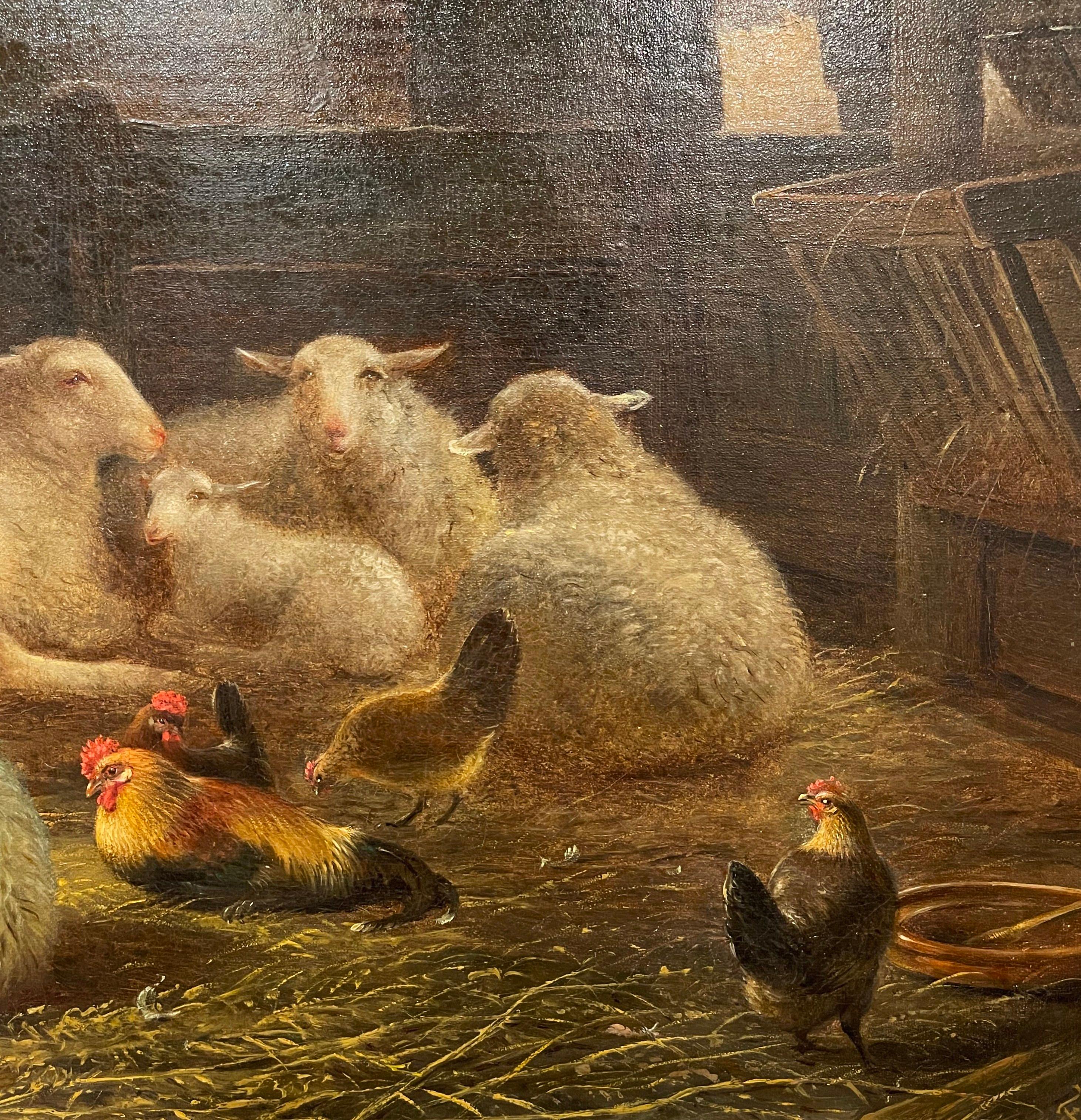 Peinture de moutons hollandaise du 19ème siècle dans un cadre sculpté et doré signé Frans Lebret en vente 3