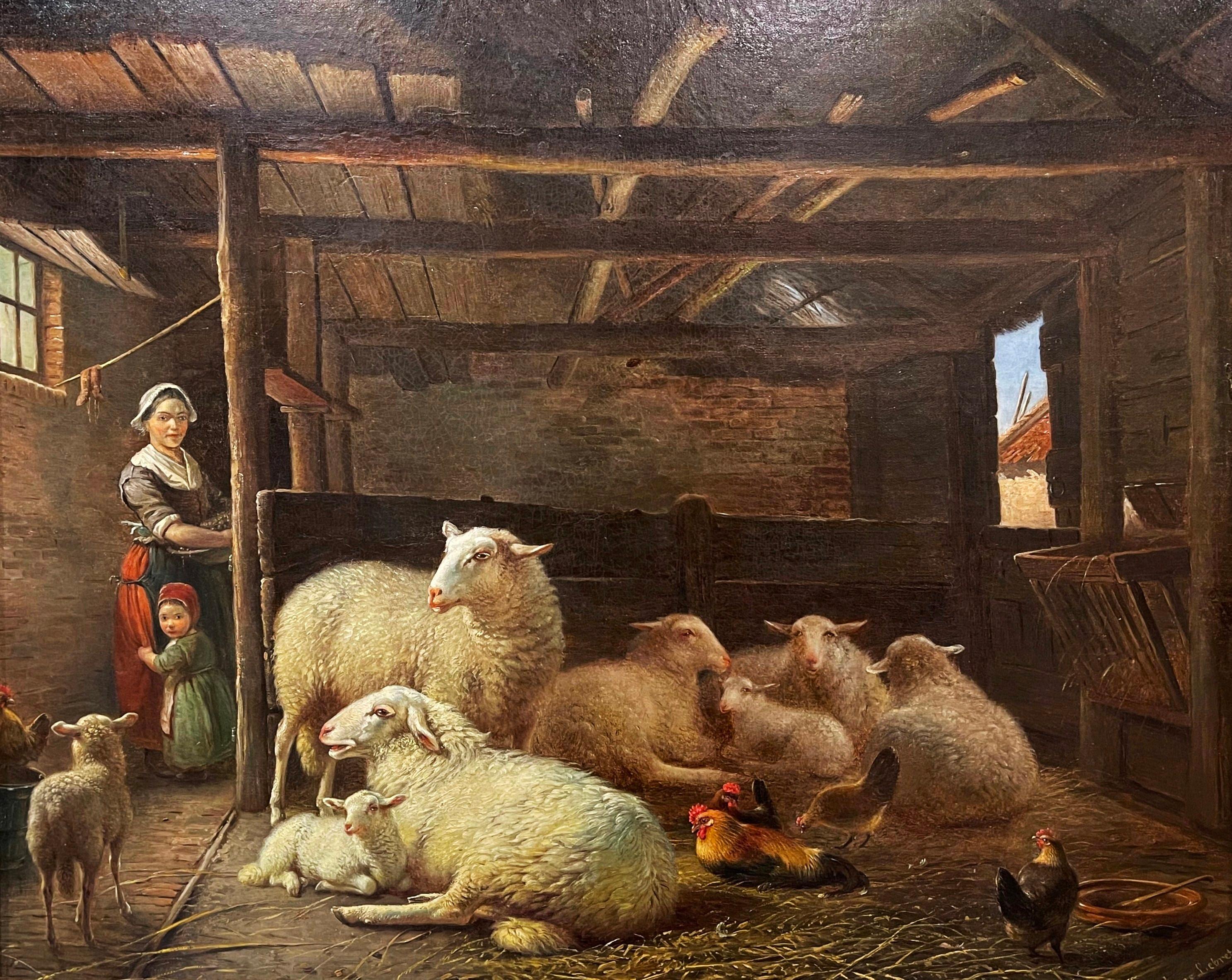 Set in the original carved gilt wood frame, this antique oil on canvas was crafted in Europe circa 1860. The pastoral artwpork depicts sheep in stable with dog and shepherd watching on in the background. The painting is signed on the lower right