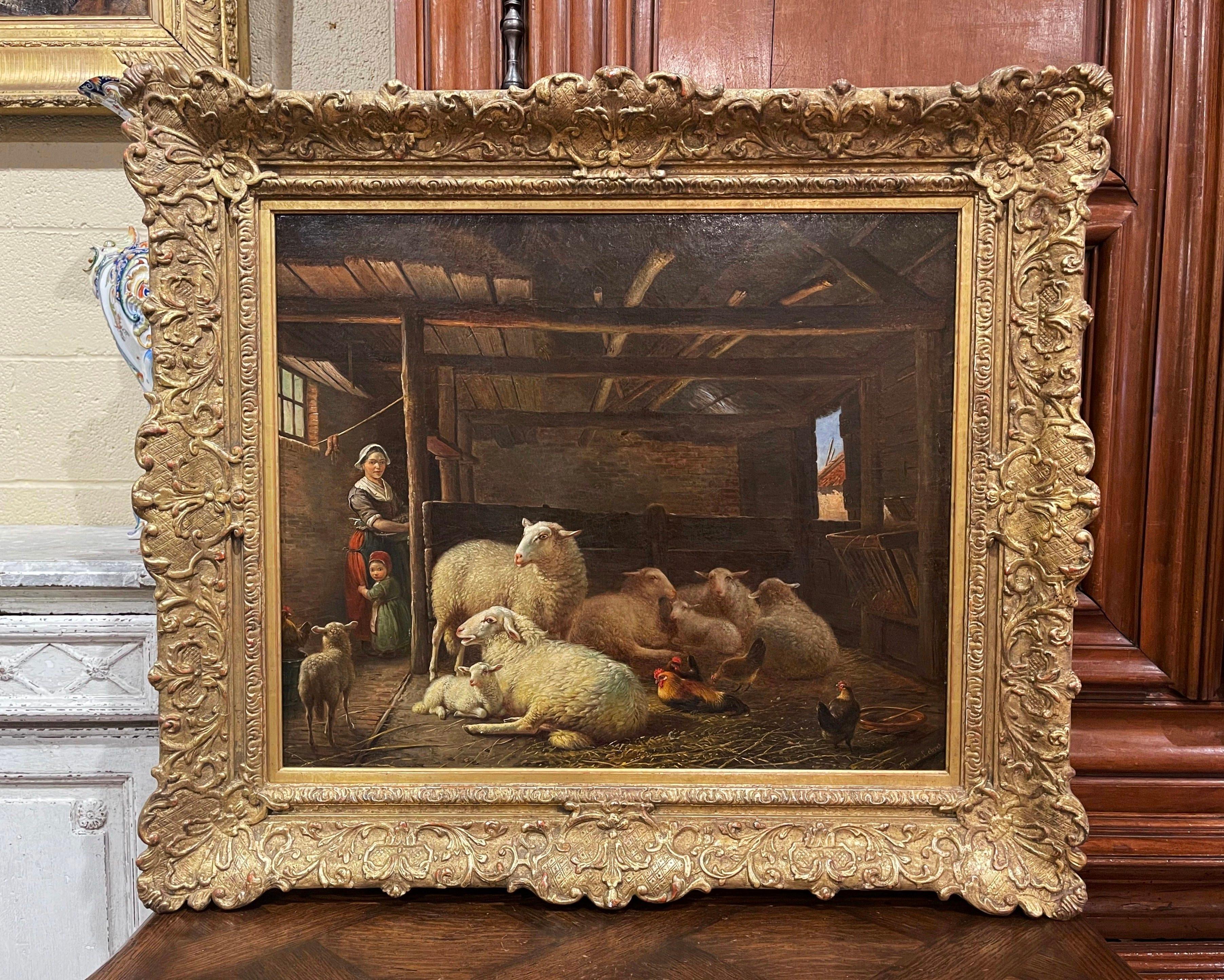 Giltwood 19th Century Dutch Sheep Painting in Carved Gilt Frame Signed Frans Lebret For Sale