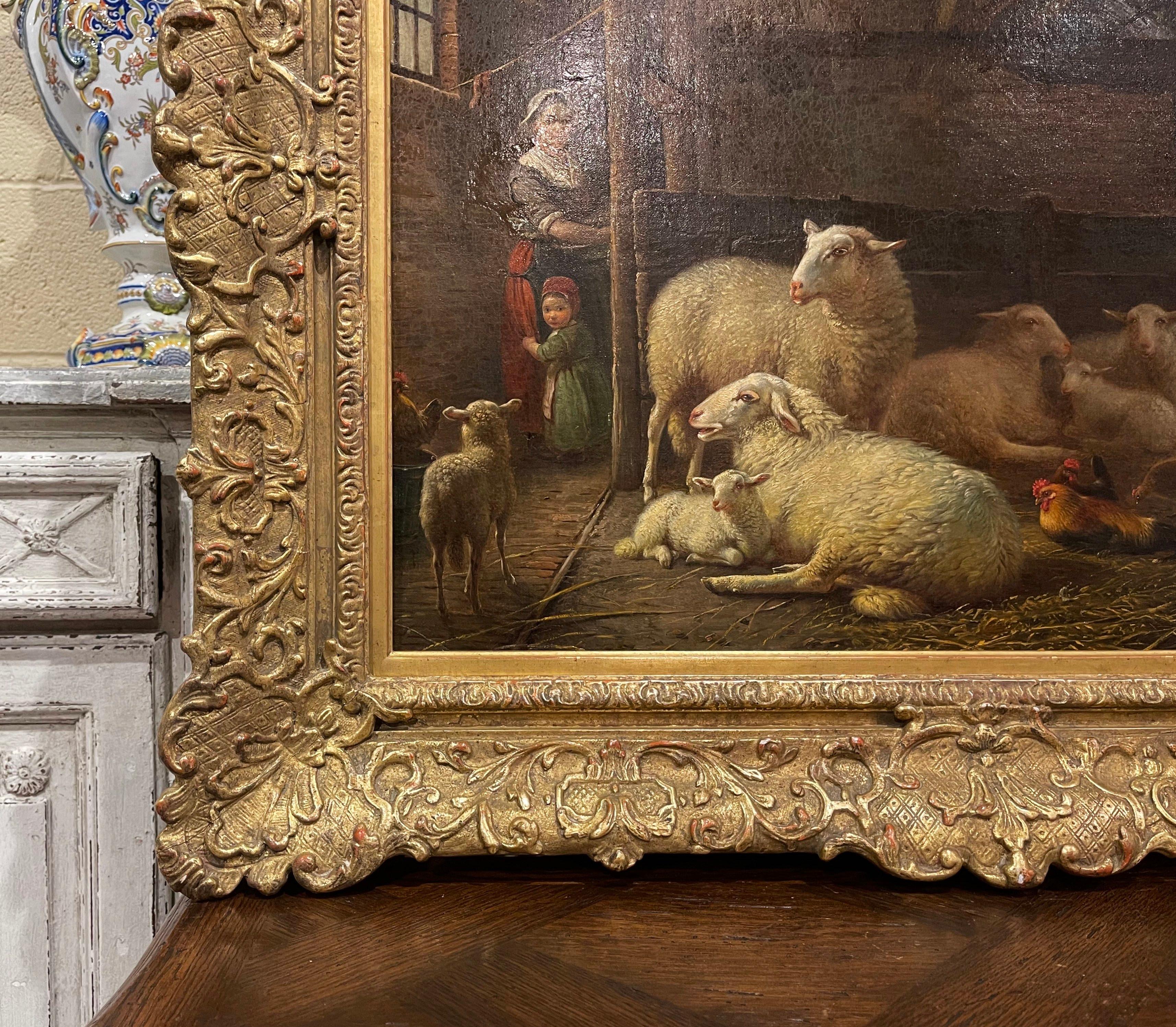 19th Century Dutch Sheep Painting in Carved Gilt Frame Signed Frans Lebret For Sale 1