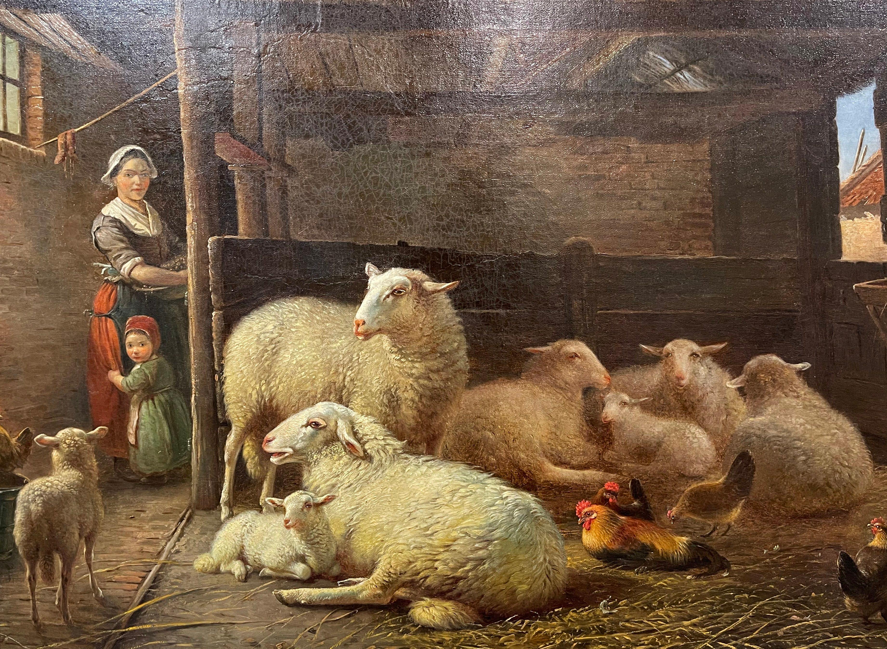 Néerlandais Peinture de moutons hollandaise du 19ème siècle dans un cadre sculpté et doré signé Frans Lebret en vente