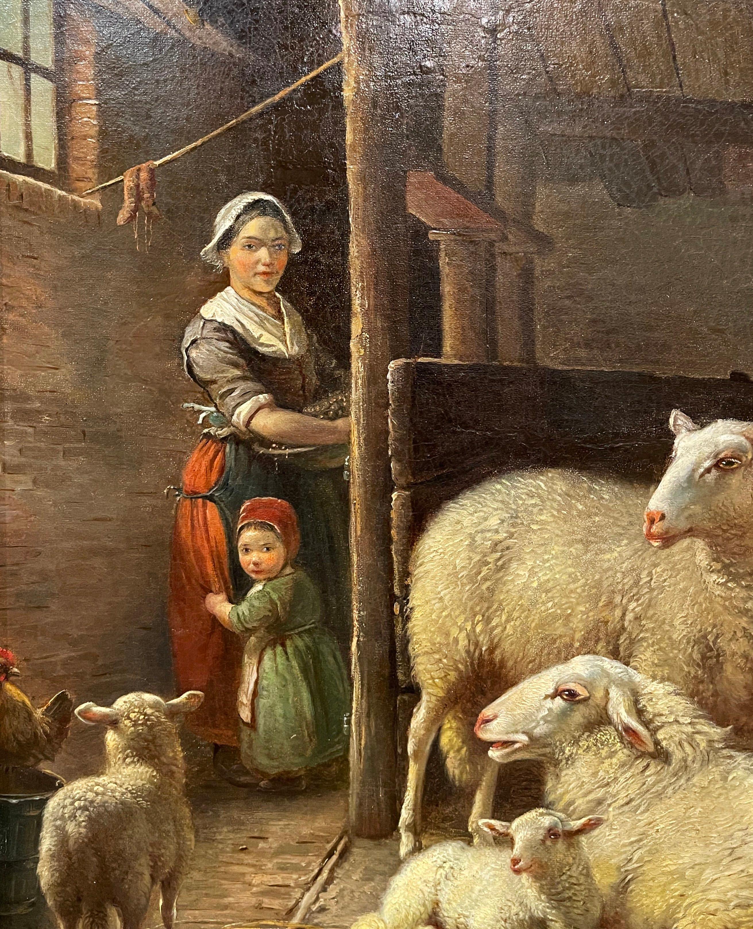 Doré Peinture de moutons hollandaise du 19ème siècle dans un cadre sculpté et doré signé Frans Lebret en vente
