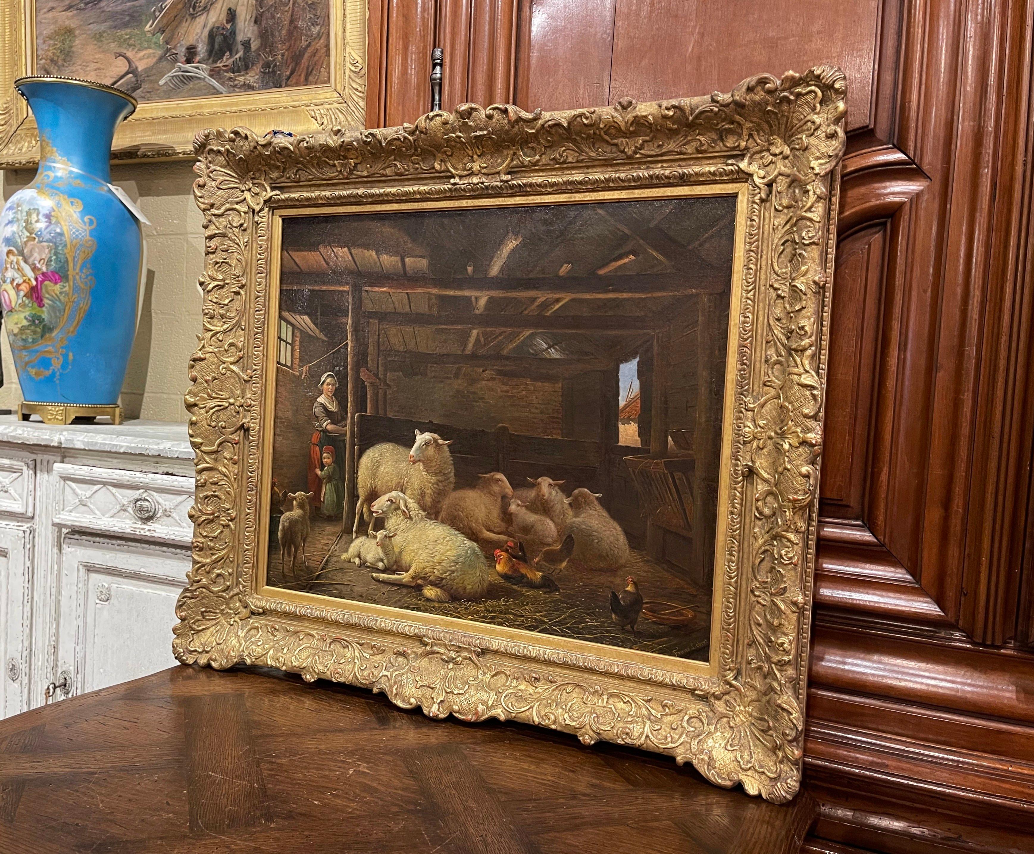 XIXe siècle Peinture de moutons hollandaise du 19ème siècle dans un cadre sculpté et doré signé Frans Lebret en vente