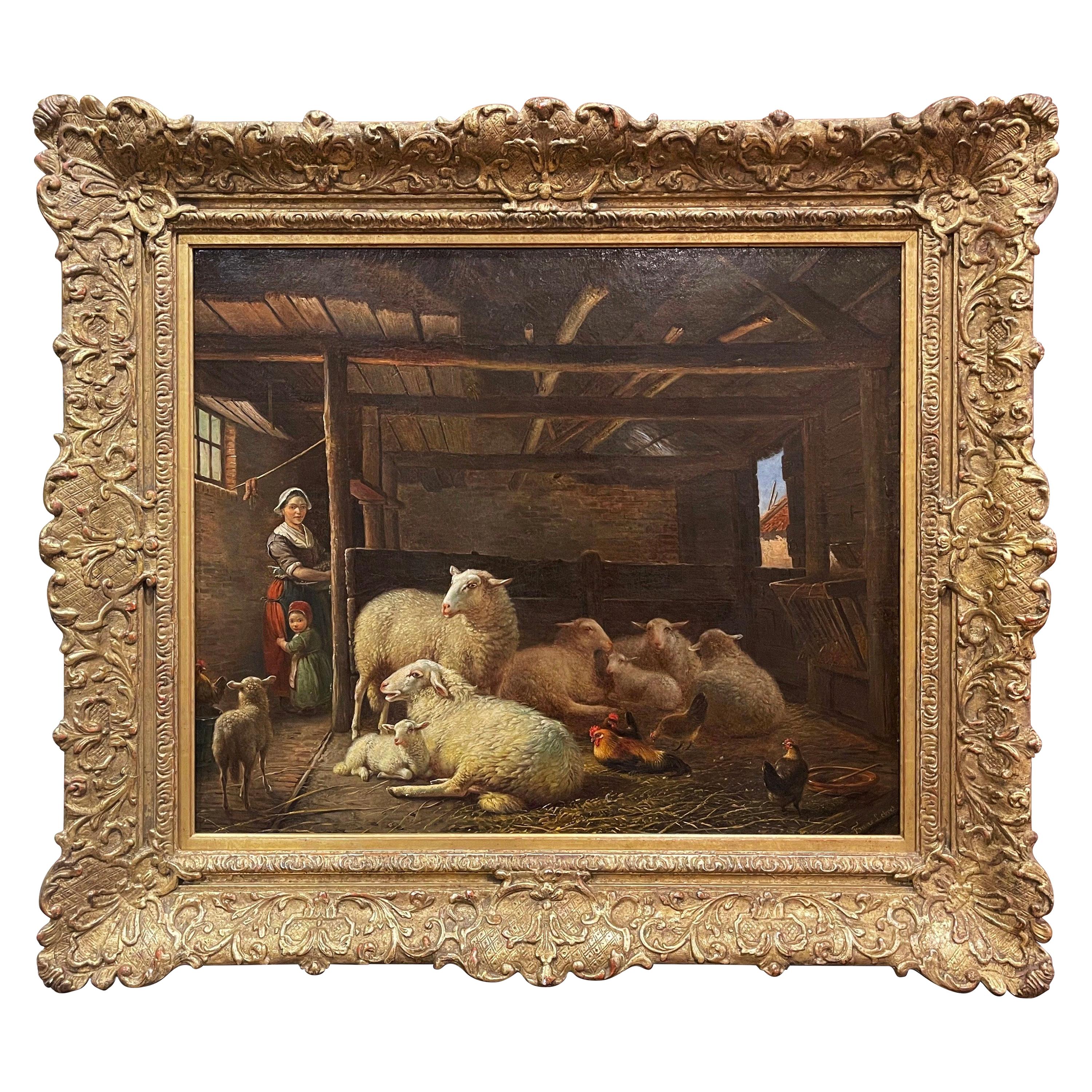 Peinture de moutons hollandaise du 19ème siècle dans un cadre sculpté et doré signé Frans Lebret en vente