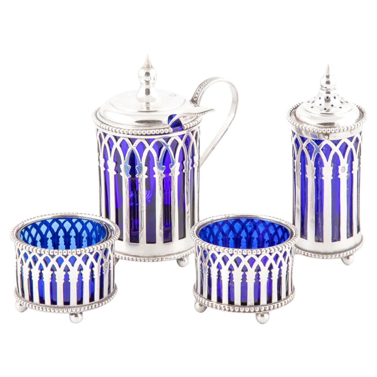 Niederländisches Gewürzset aus Silber und kobaltblauem Glas aus dem 19. im Angebot