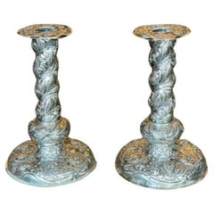 Used 19th Century Dutch Silver Floral Repousse Candle Sticks (Pair)
