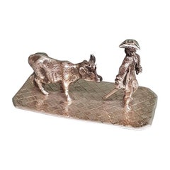 19th Century Dutch Silver Miniature of  a Farmer with a Cow