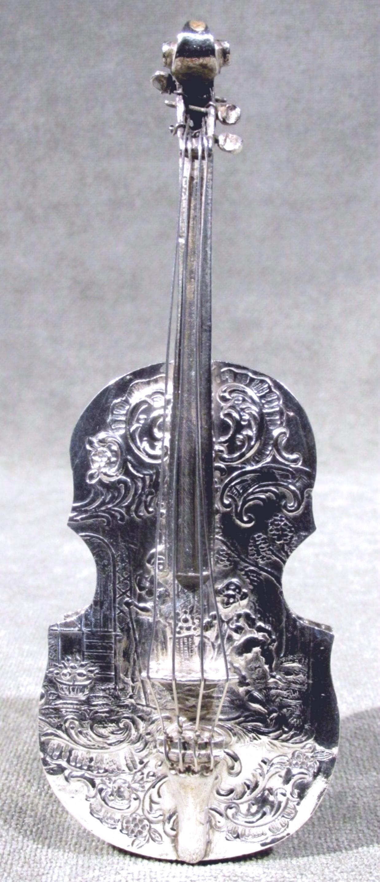 Rococo Revival 19th Century Dutch Silver Pill Box in the Form of a Miniature Cello, Circa 1880