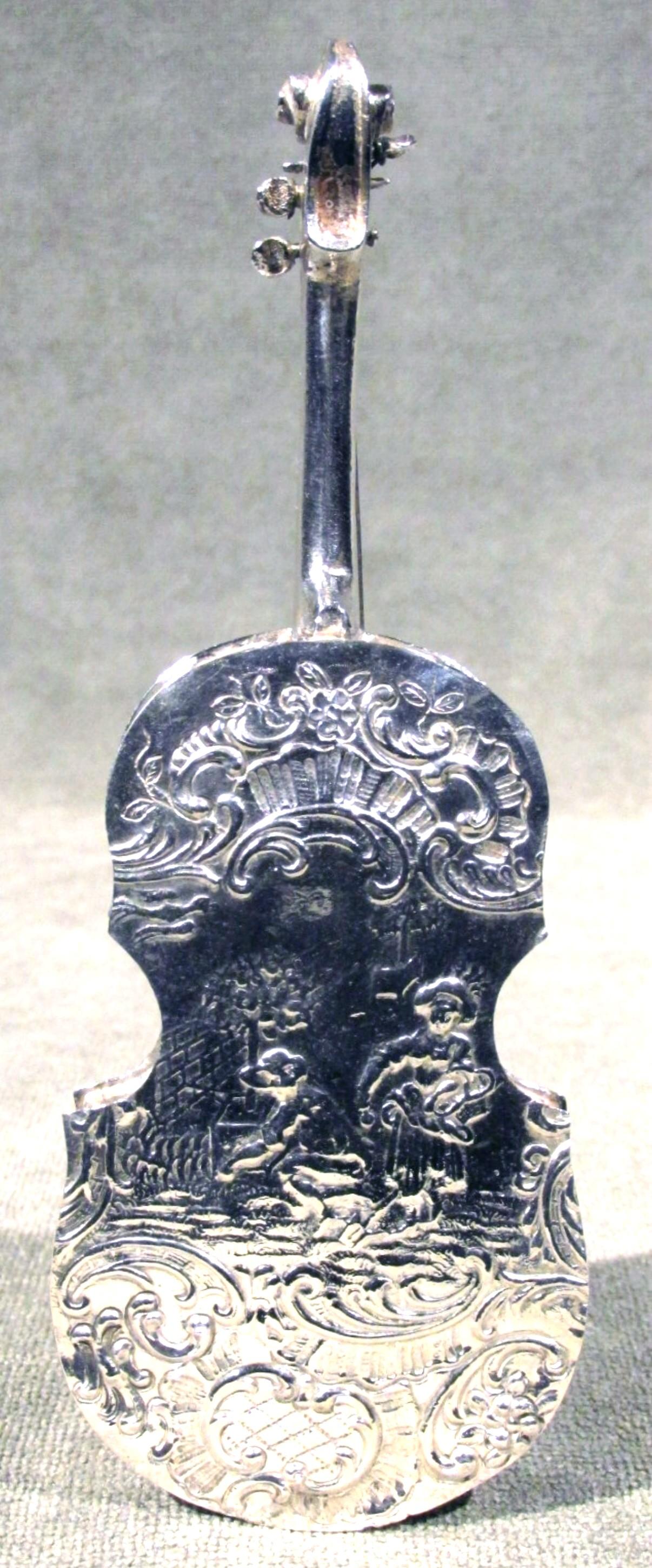 Embossed 19th Century Dutch Silver Pill Box in the Form of a Miniature Cello, Circa 1880