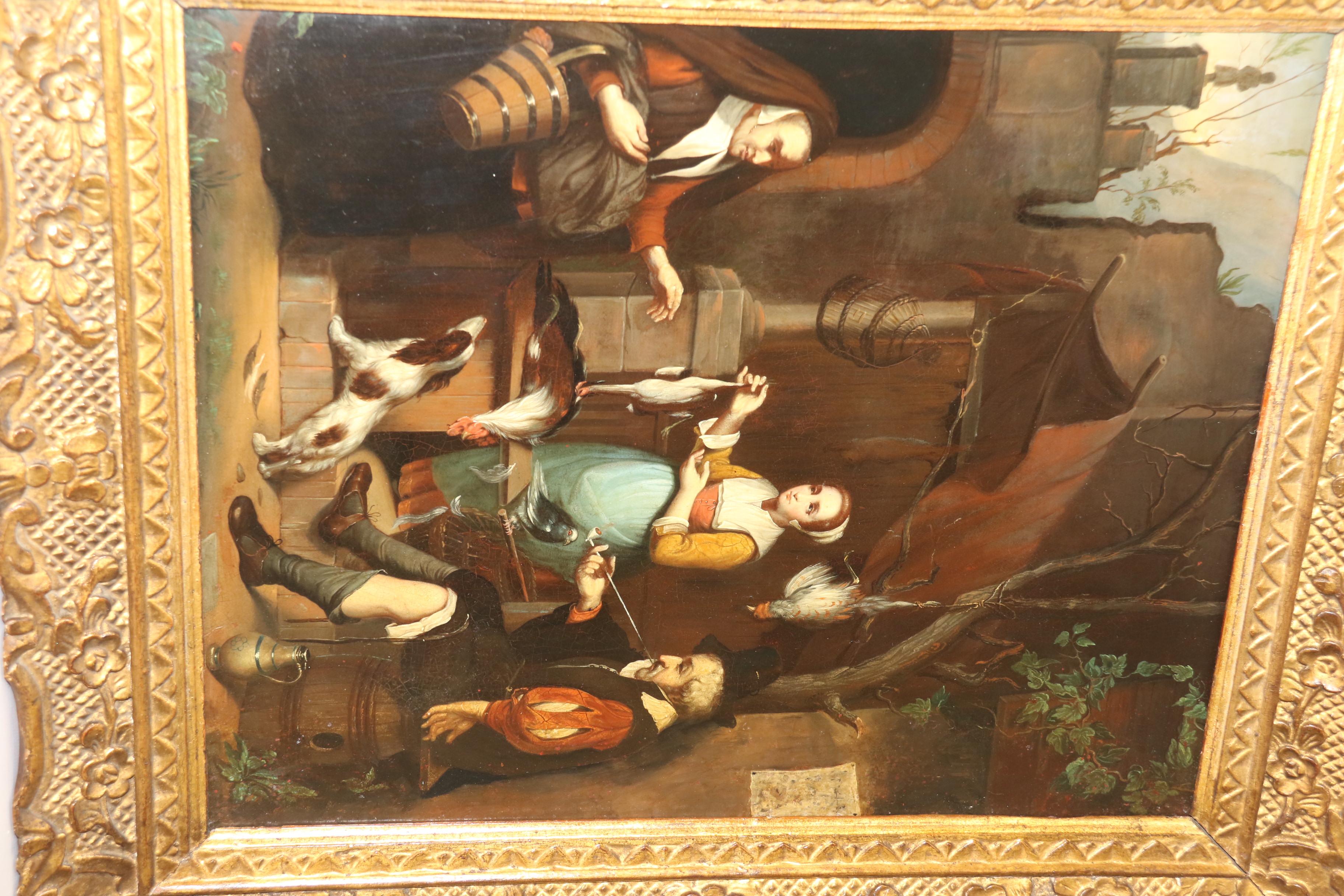 This fine quality oil painting on steel panel was produced in the 19th century in the revival of the earlier Dutch 16th century style and depicts a group of people, two ladies, the older one looking at fowl and the younger one showing samples of