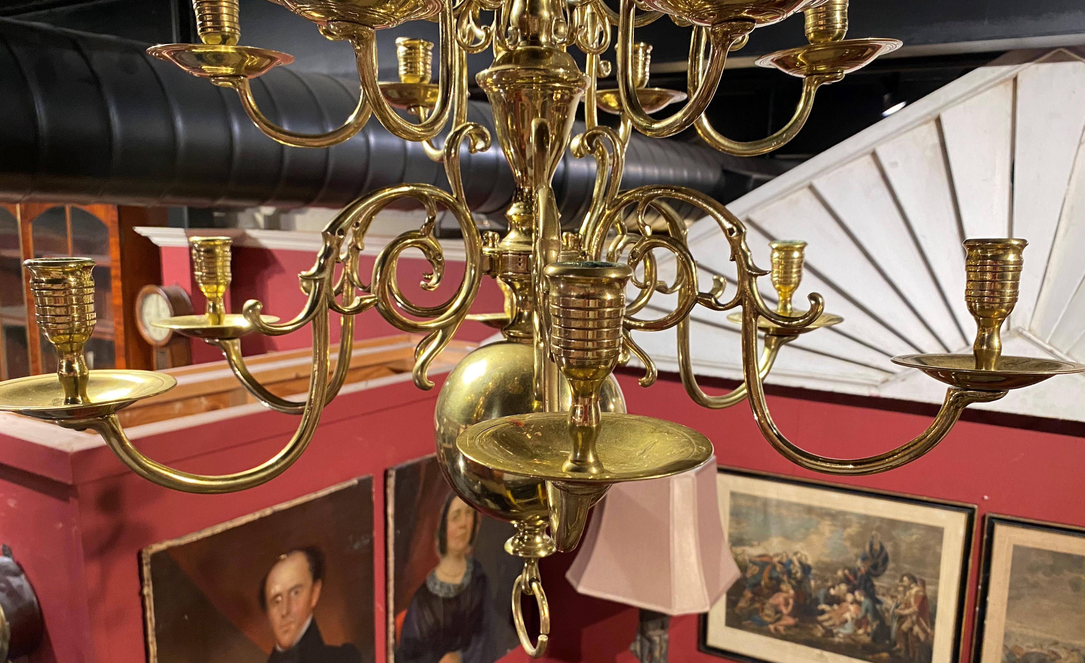 19th Century Dutch Two Tier Brass 12-Light Chandelier with Ratchet In Good Condition For Sale In Milford, NH