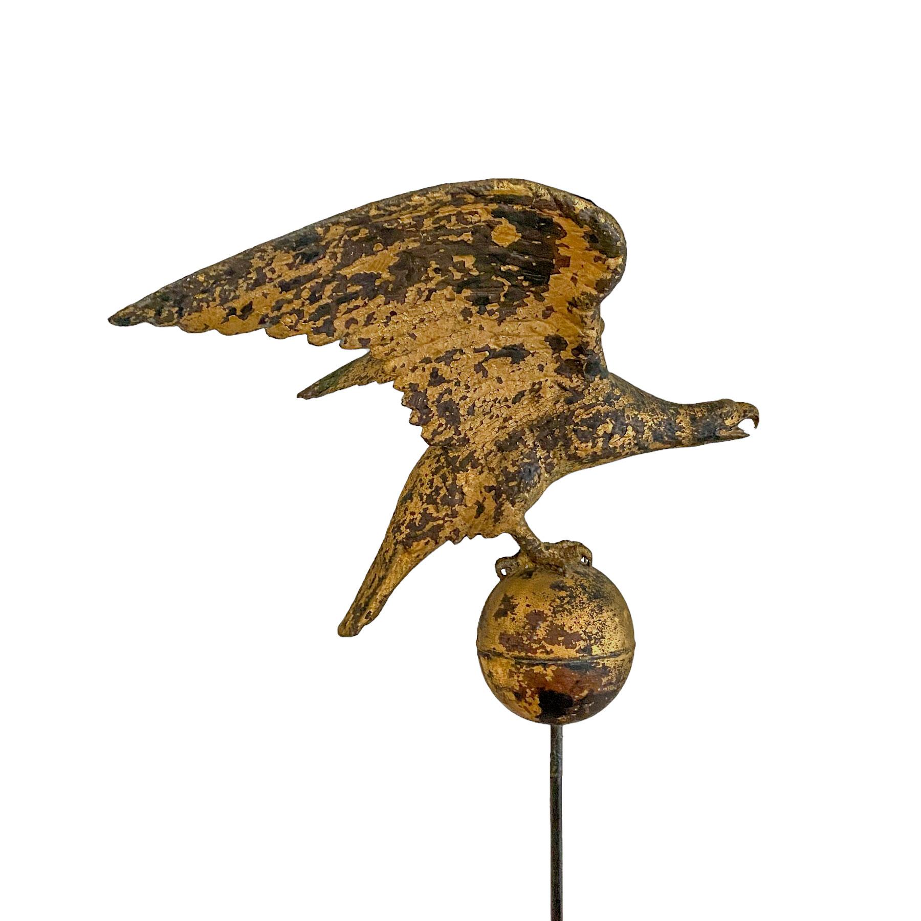 Full body molded copper spread wing eagle with cast zinc talons perched on a copper sphere. Great proportions with outstretched wings, showing wonderful detailing to the body and wings, mounted on a tall museum quality stand.
Attributed to Cushing