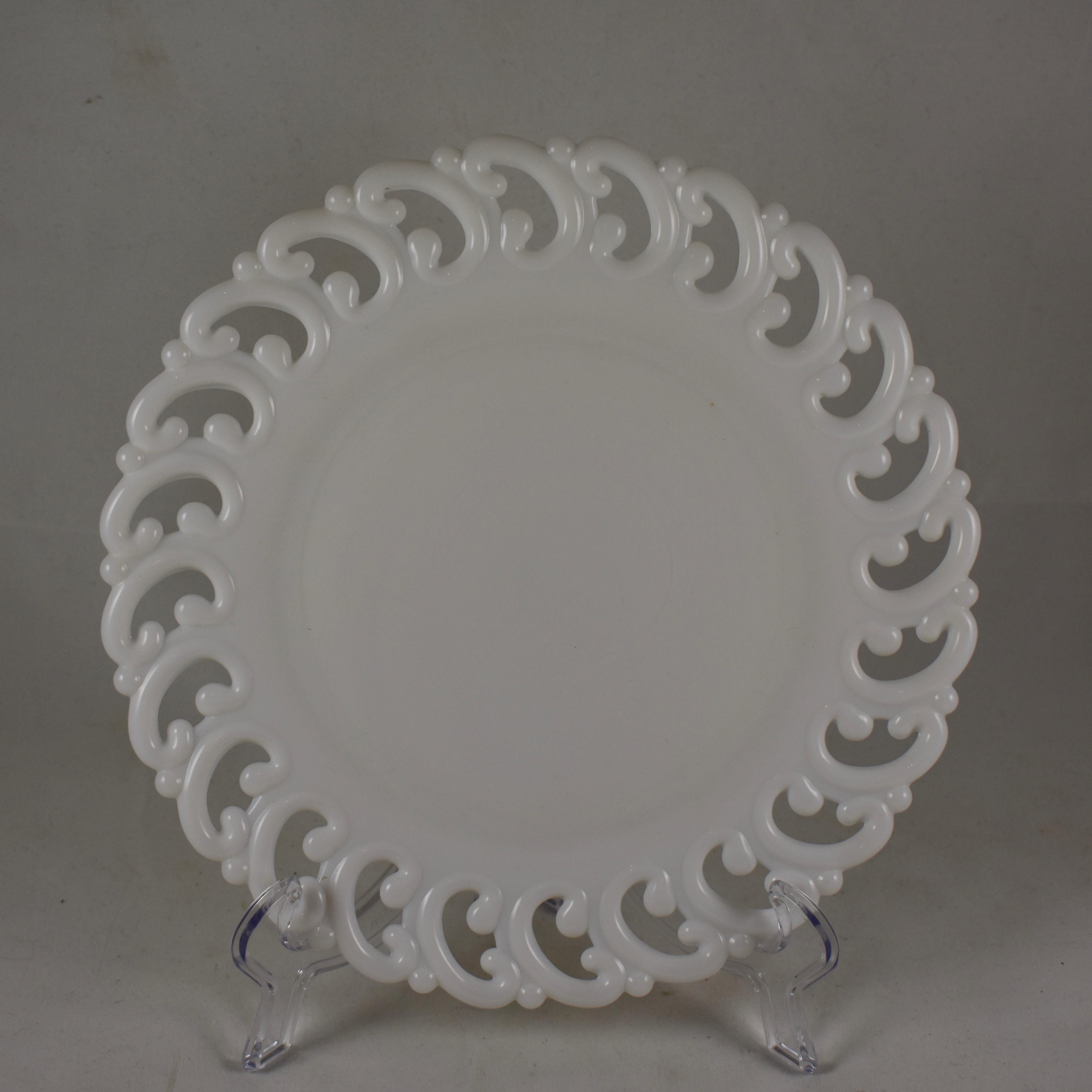 Molded 19th Century EAPG Lace Edge American Opaque White Milk Glass Dot & C Rim Plates