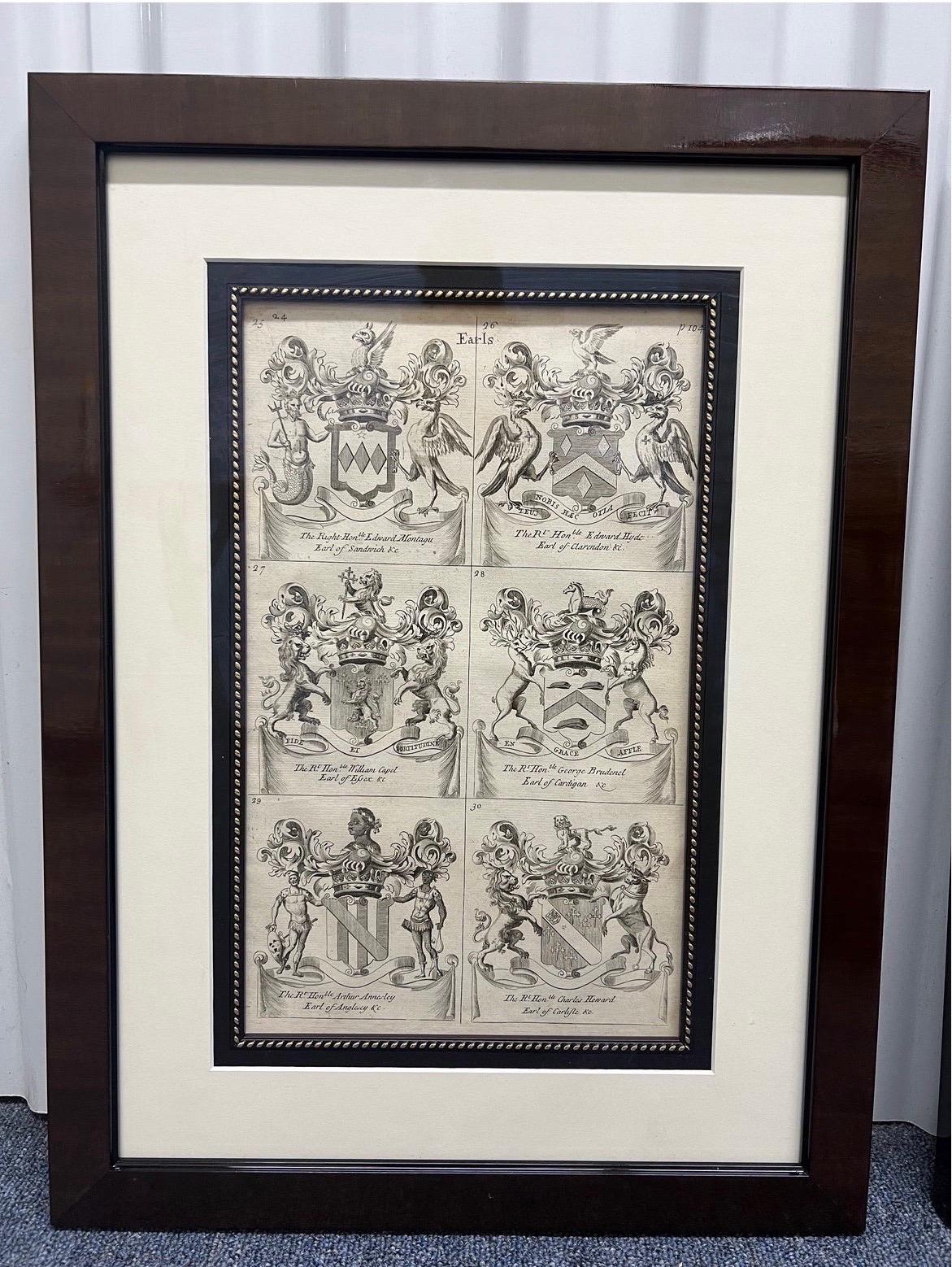 Expert and high end framing done for these 4 armorial plates. Continental “earls”. Stunning presentation.