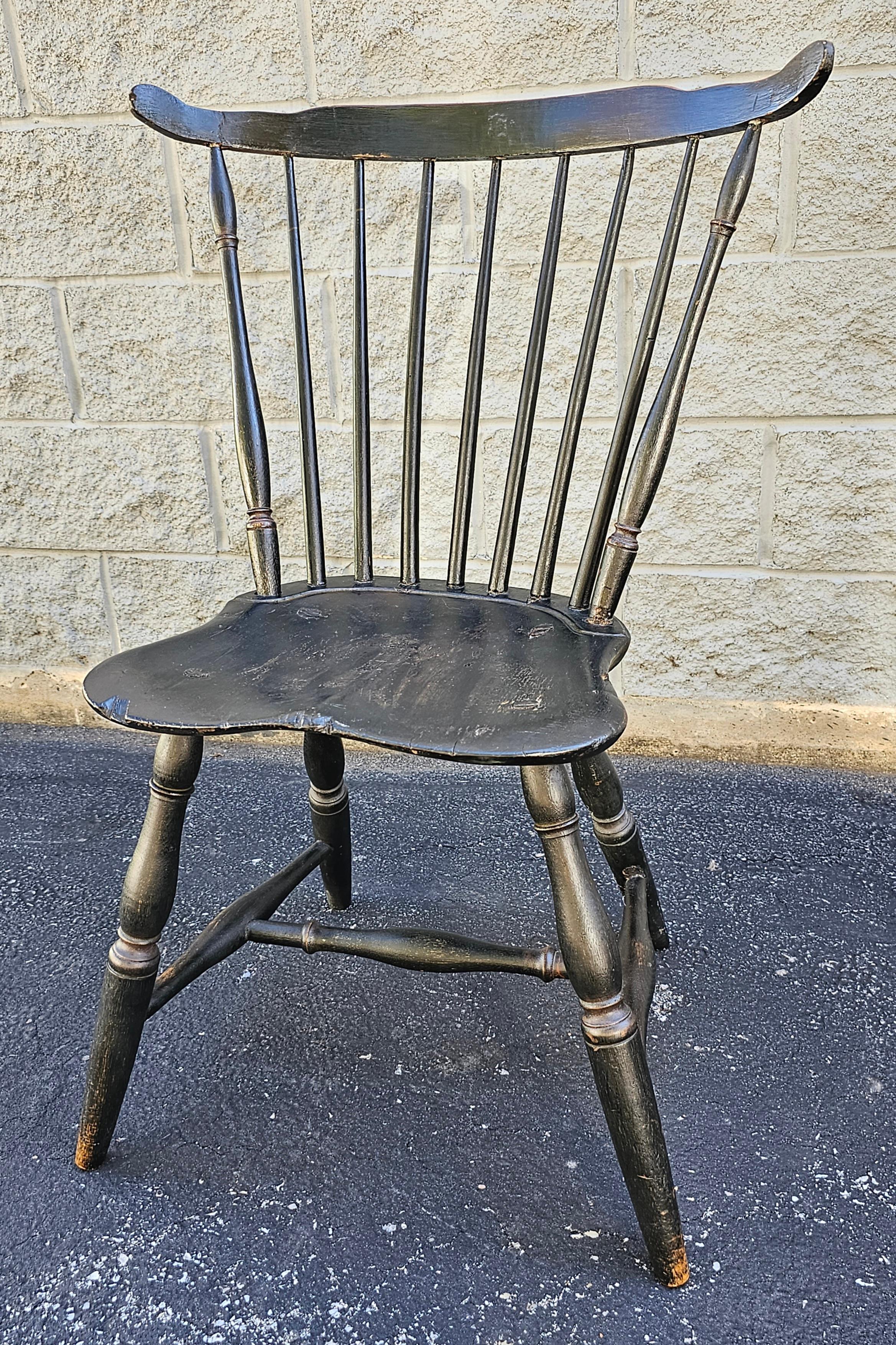 American Colonial 19th Century Early American Ebonized  Saddle Seat and Spindle Back Chair For Sale