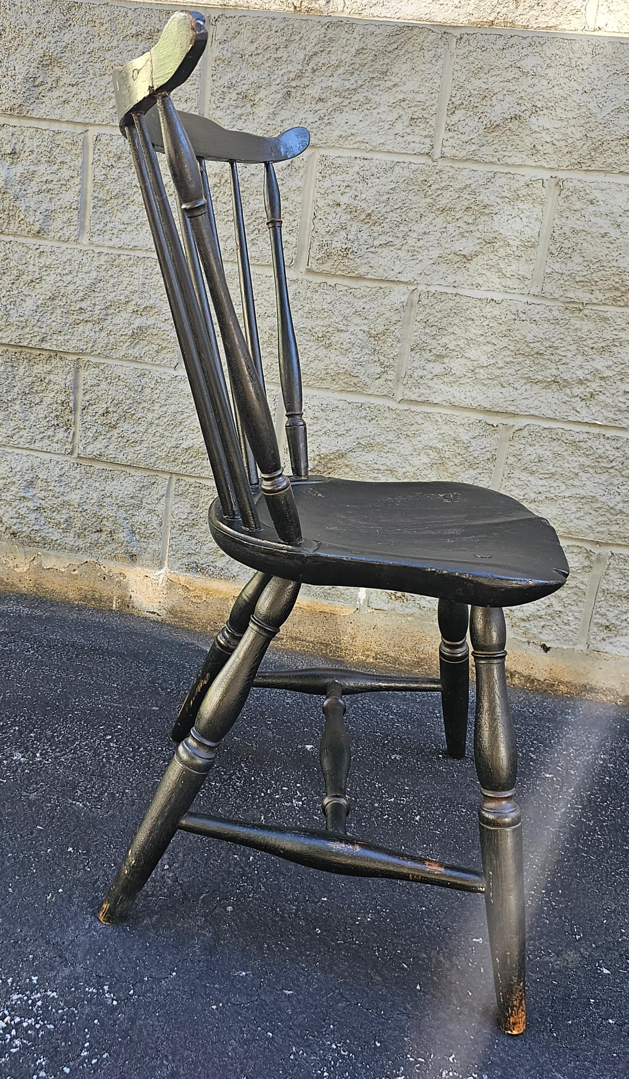 Painted 19th Century Early American Ebonized  Saddle Seat and Spindle Back Chair For Sale