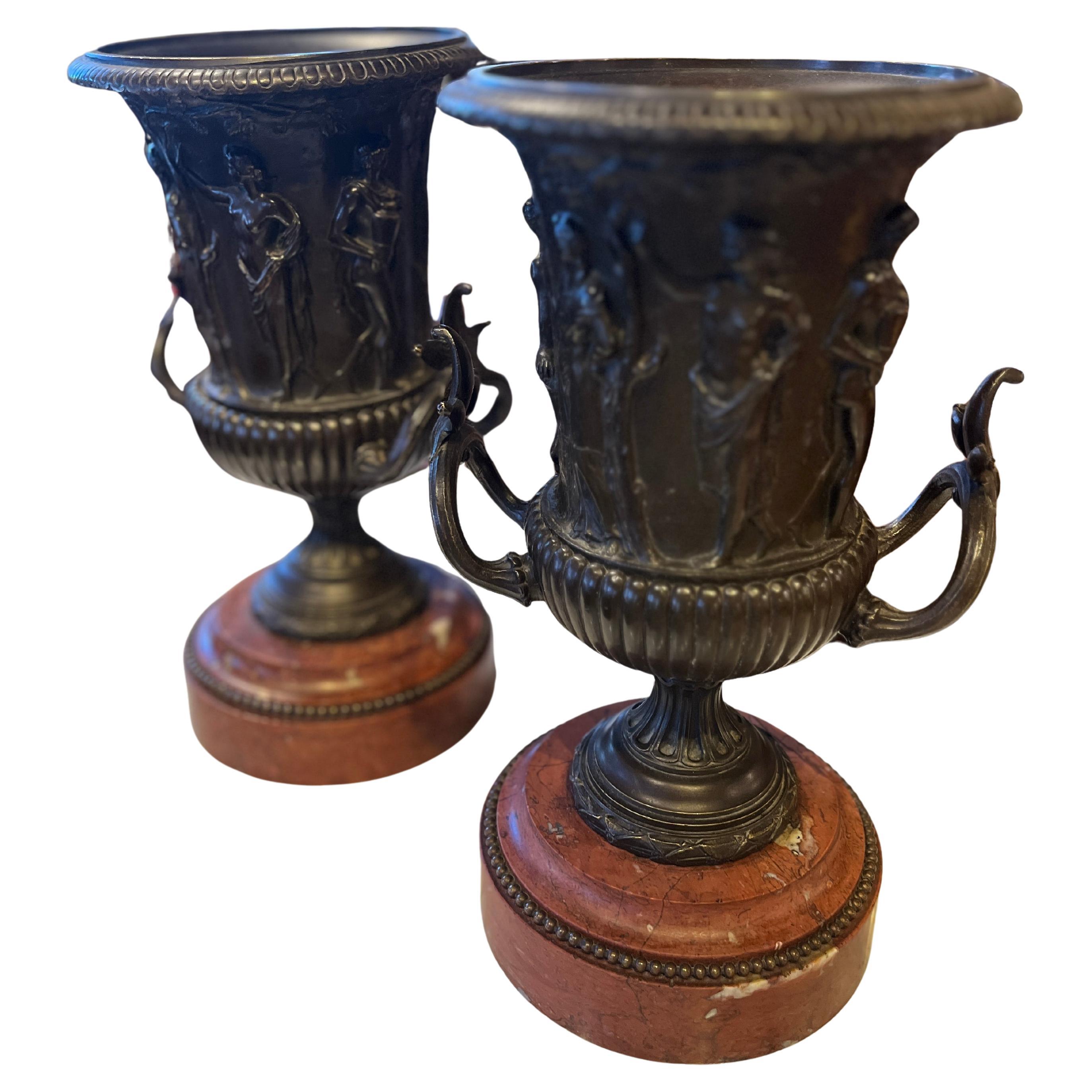 19th Century (early) Pair French Bronze Urns. Beautiful pair purchased in France. Age appropriate wear, see detailed video & photos or message us with questions. 