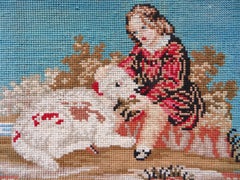 19th Century Early Victorian Framed Needlepoint  "Boy With Pet Lamb"  Circa 1840
